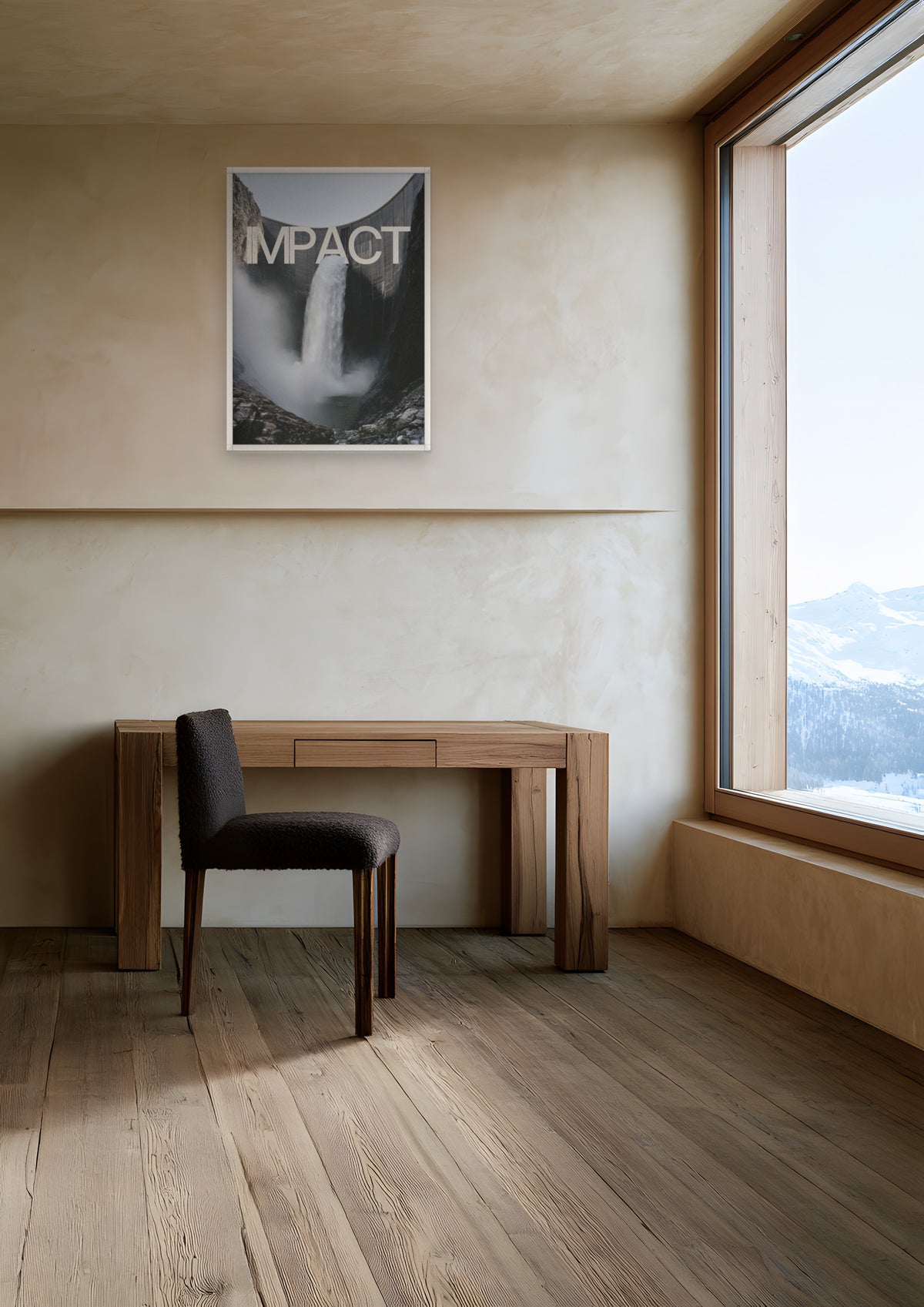 Impact in a white frame, shown in alpine-chalet-study