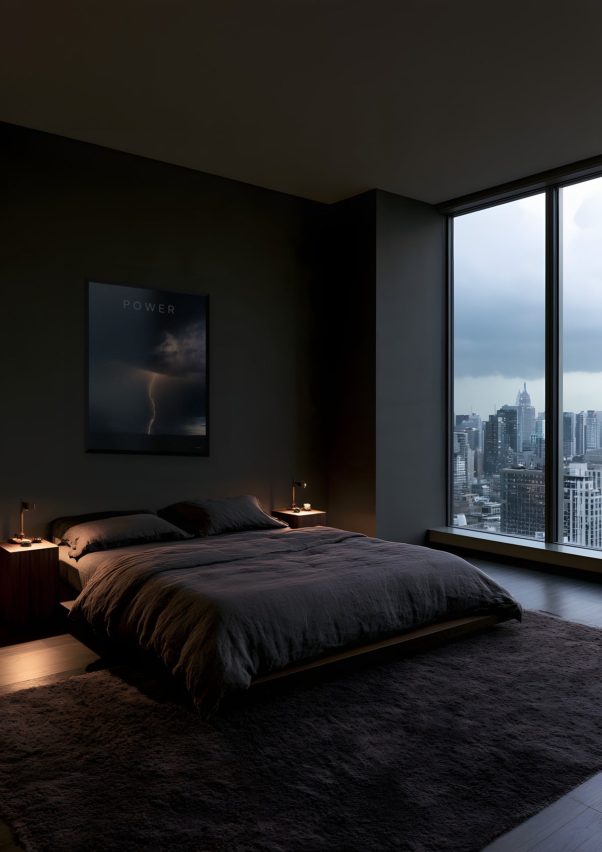 Lightning in a black frame, shown in manhattan-bedroom-dusk