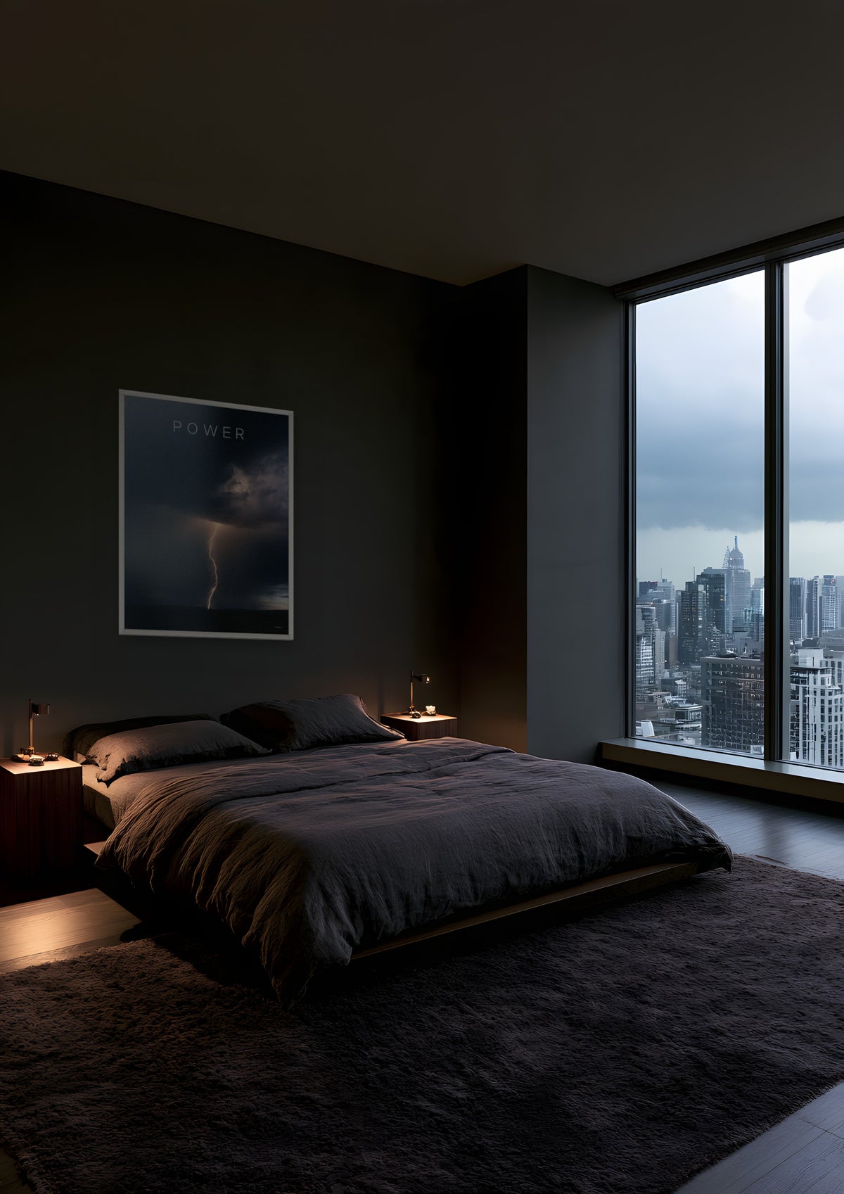 Lightning in a white frame, shown in manhattan-bedroom-dusk