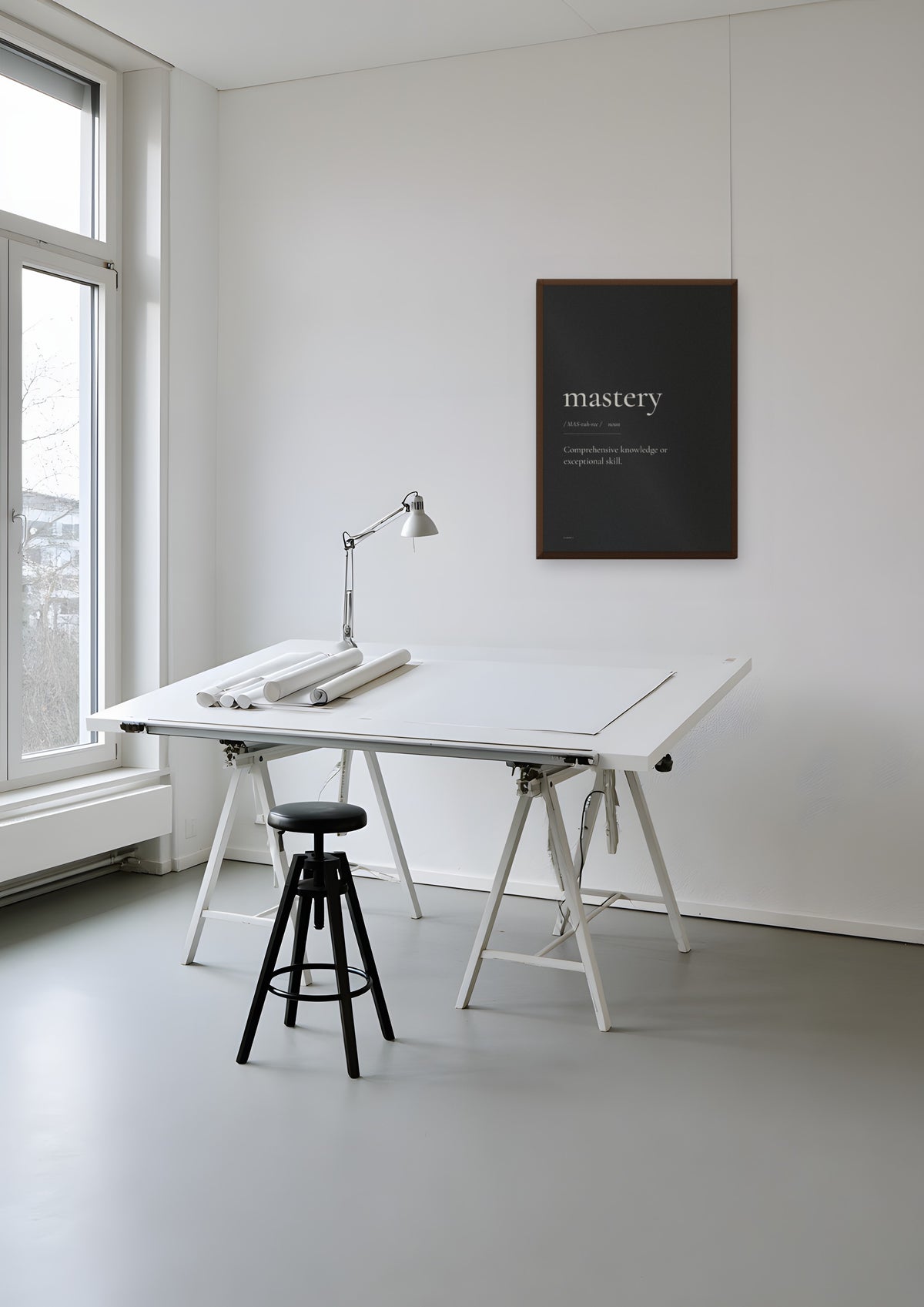 Mastery (Black) in a dark wood frame, shown in zurich-architect-studio