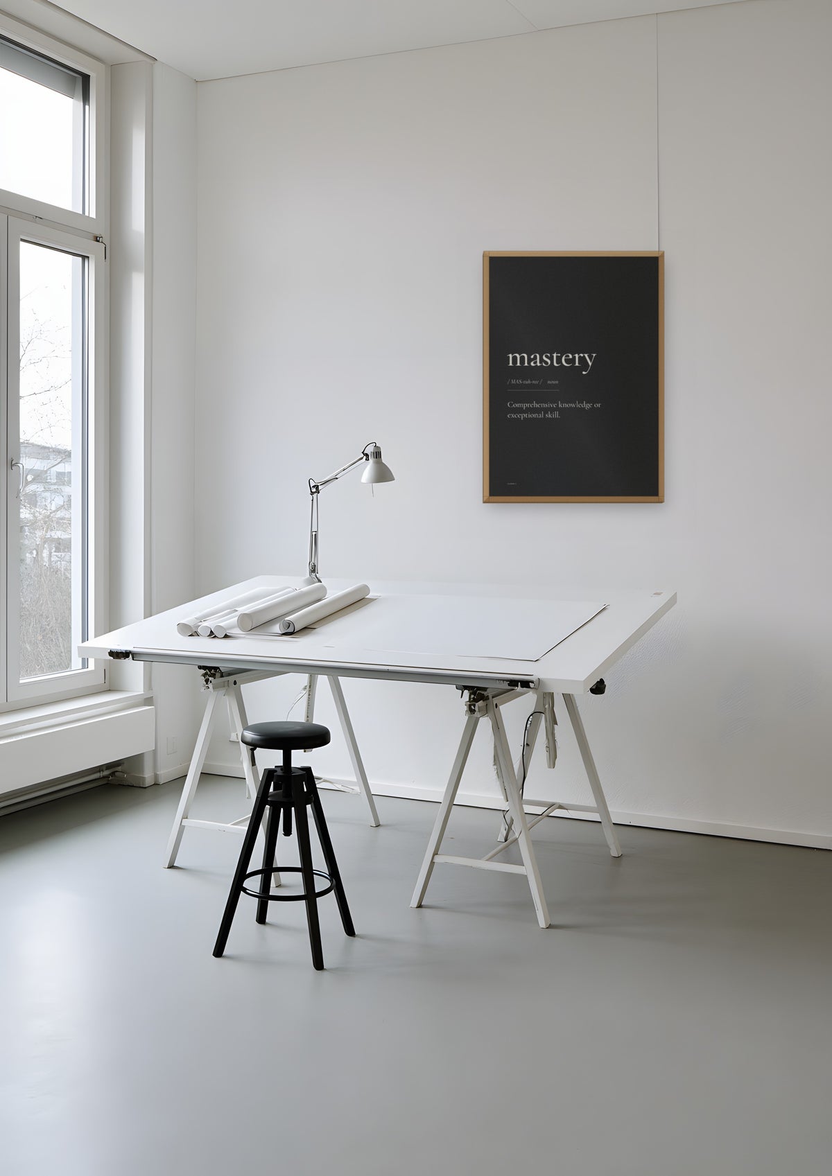 Mastery (Black) in a natural wood frame, shown in zurich-architect-studio