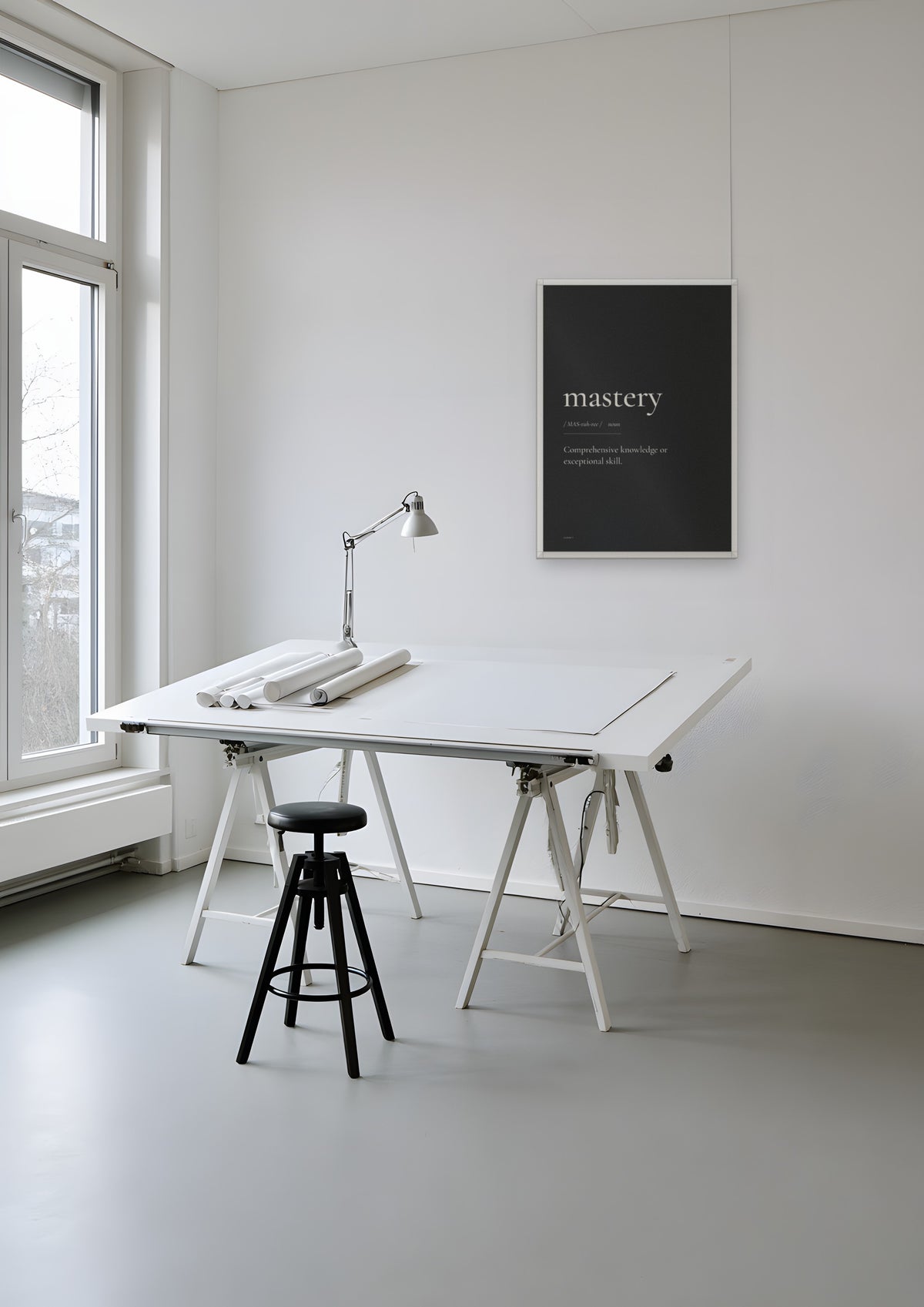 Mastery (Black) in a white frame, shown in zurich-architect-studio