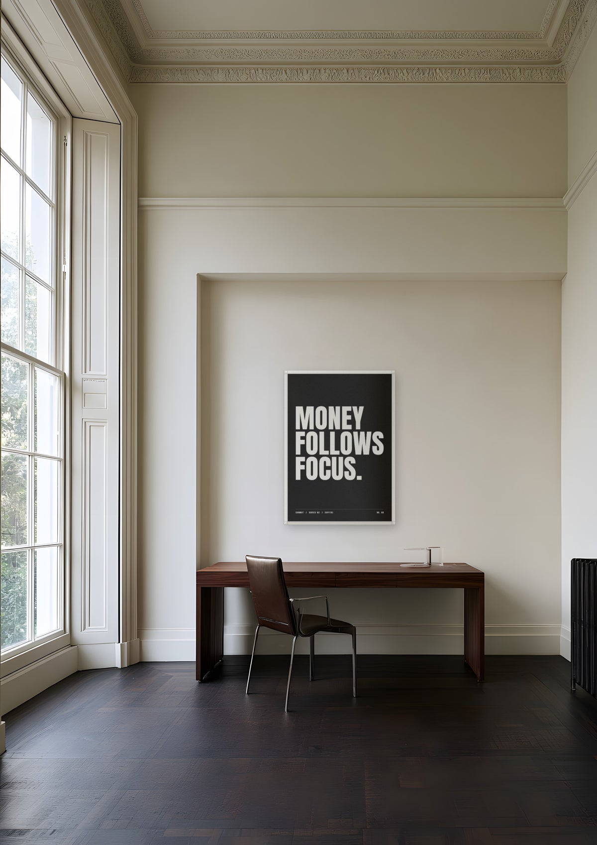 Money Follows Focus in a white frame, shown in a Georgian townhouse study