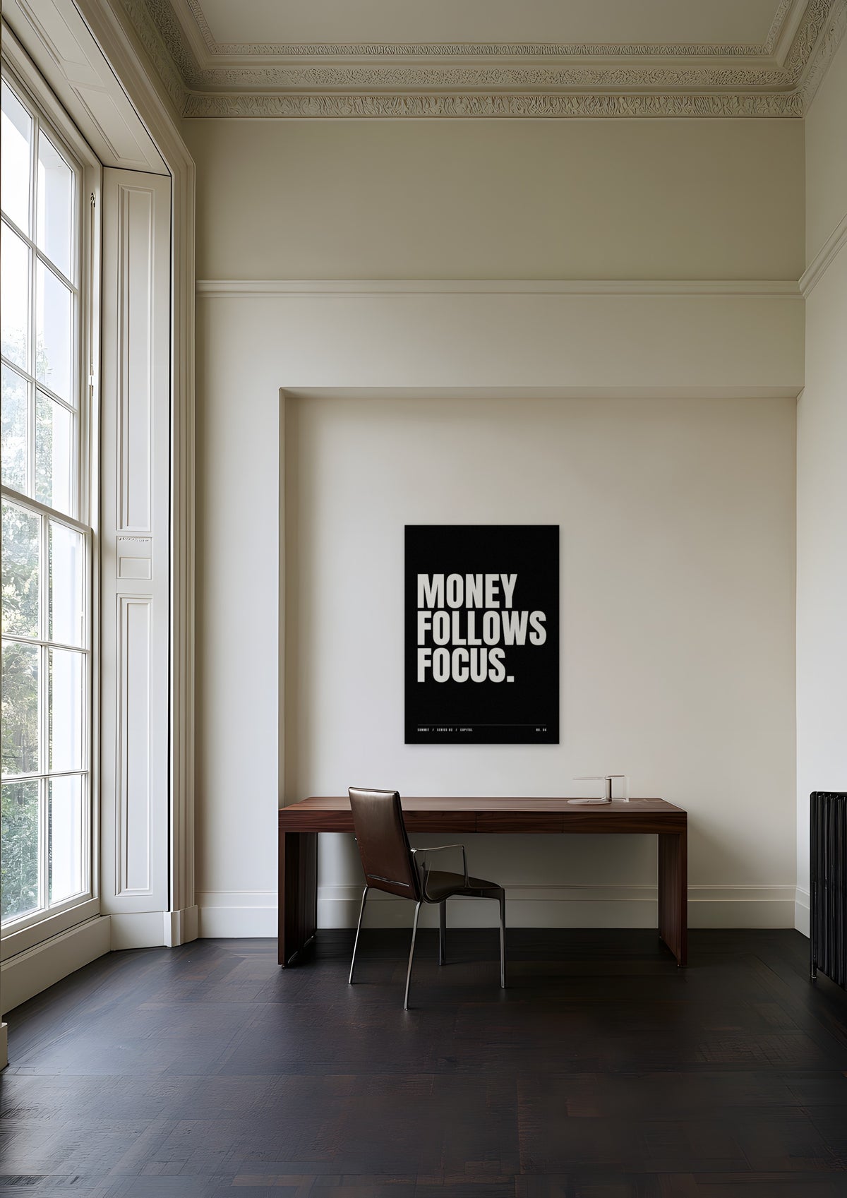 Money Follows Focus, unframed art print shown in a Georgian townhouse study