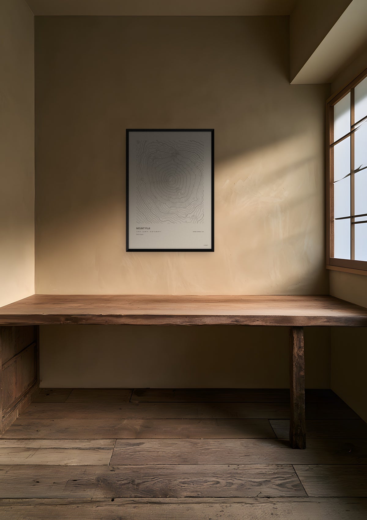 Mount Fuji in a black frame, shown in kyoto-machiya-study