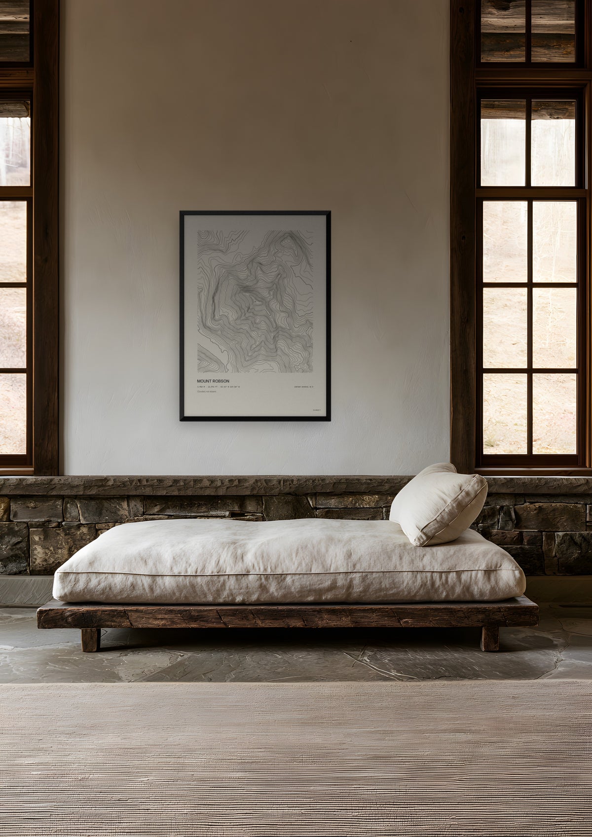 Mount Robson in a black frame, shown in banff-lodge-reading-room