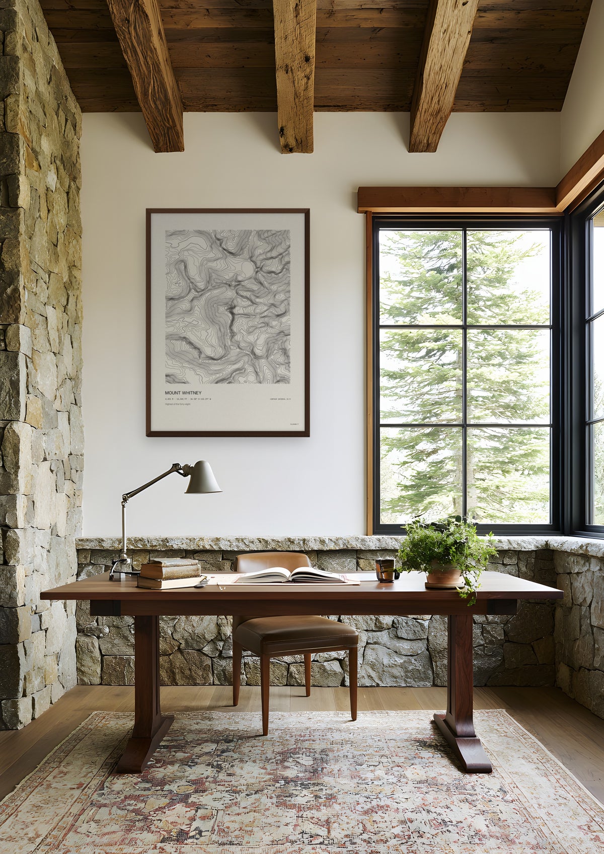 Mount Whitney in a dark wood frame, shown in sierra-nevada-cabin-study
