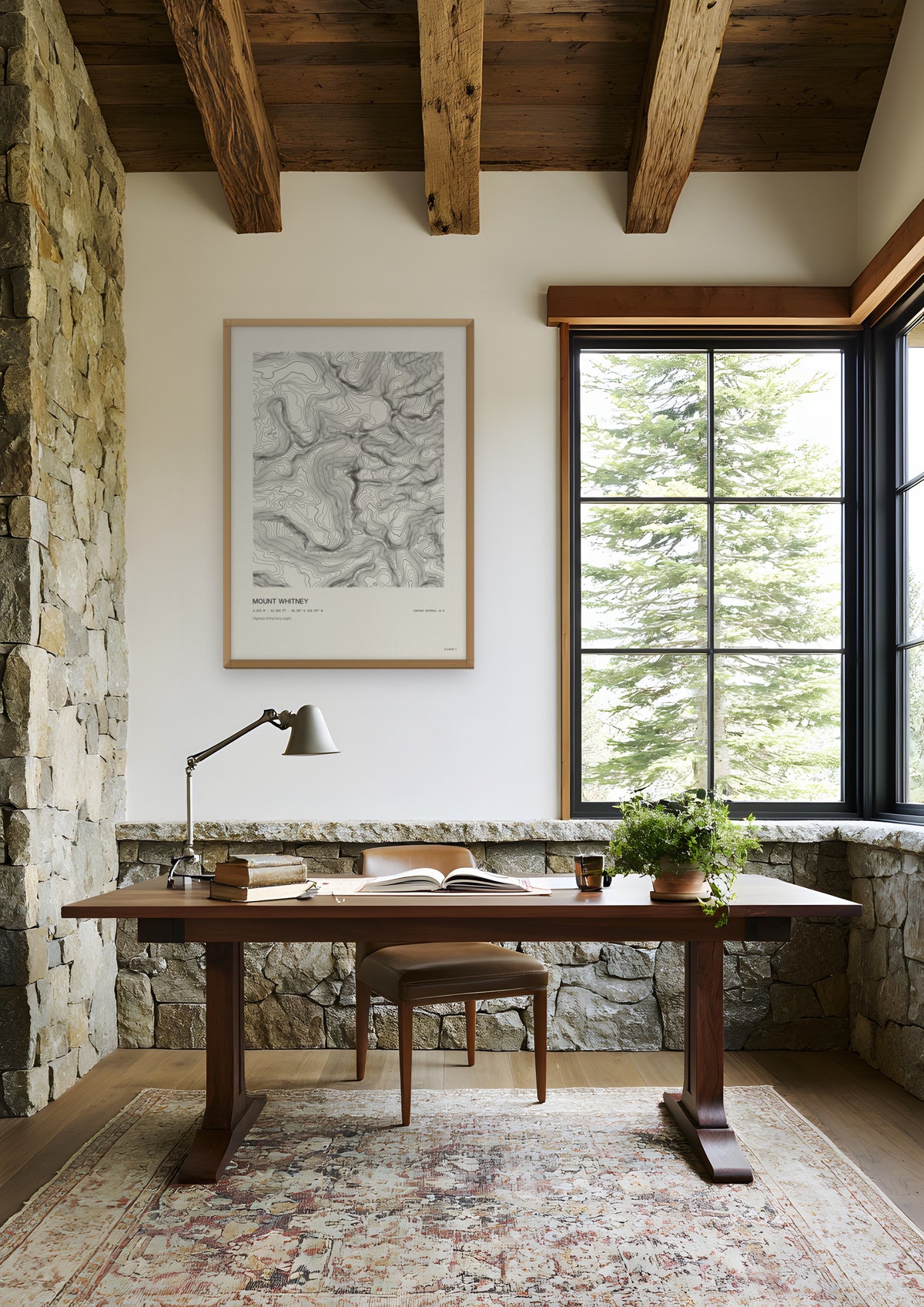 Mount Whitney in a natural wood frame, shown in sierra-nevada-cabin-study