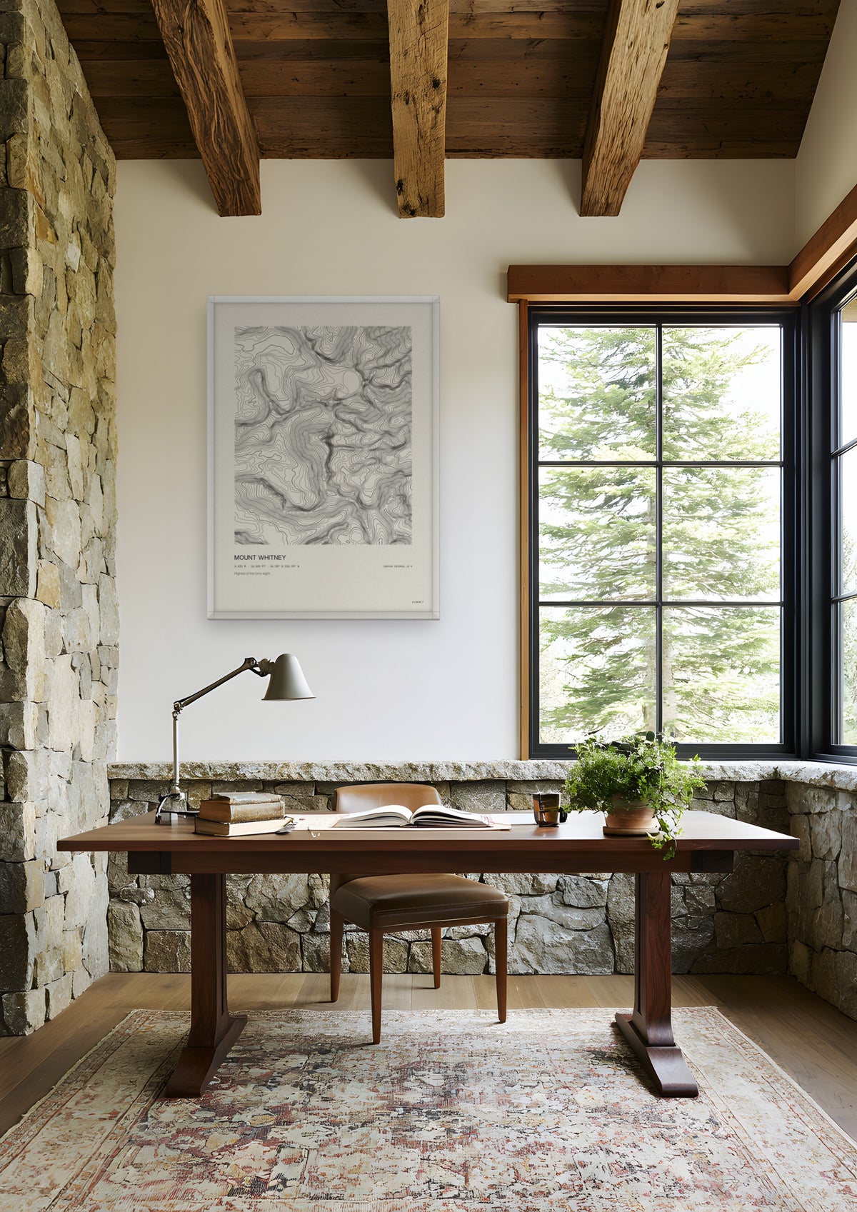 Mount Whitney in a white frame, shown in sierra-nevada-cabin-study