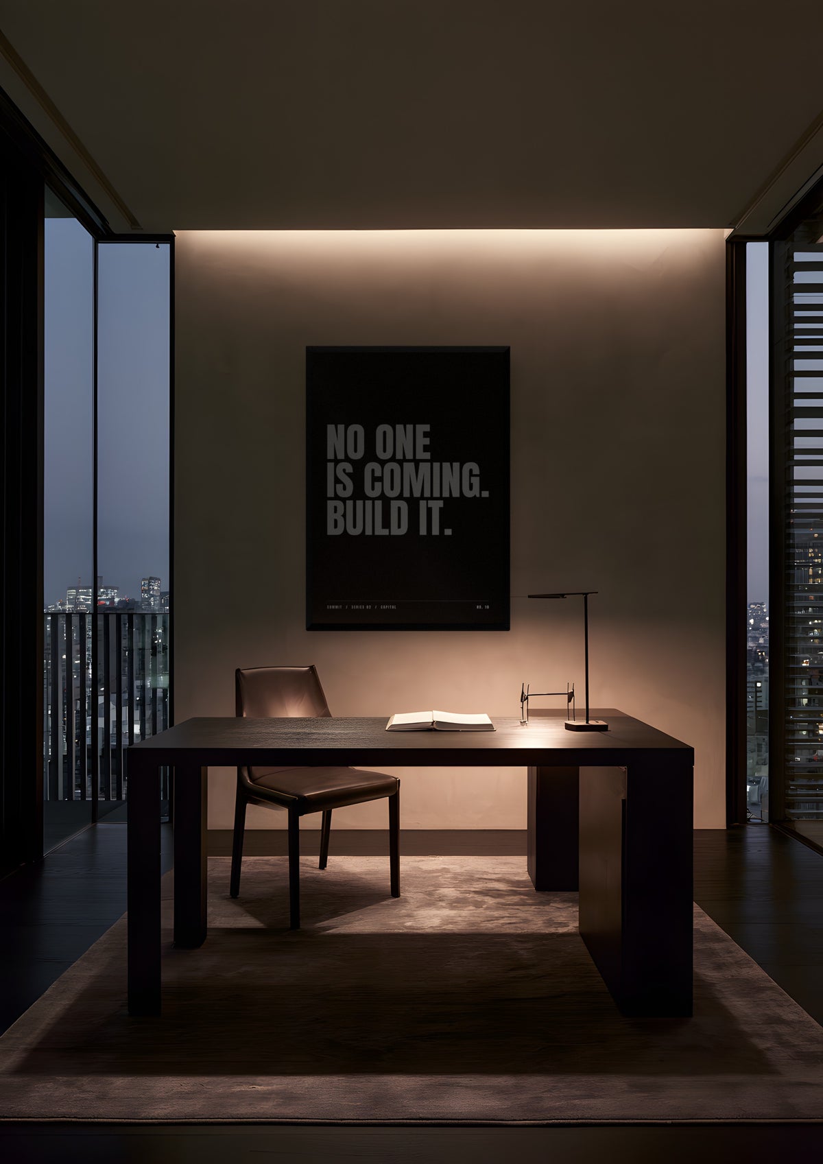 No One Is Coming. Build It. in a black frame, shown in tokyo-apartment-study-ii