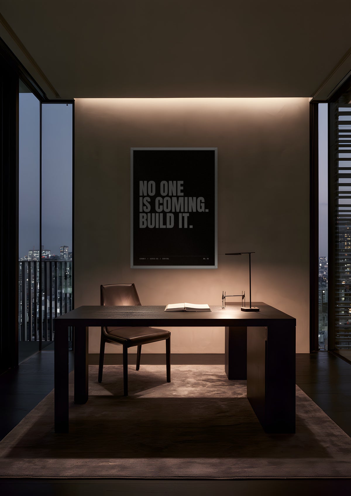 No One Is Coming. Build It. in a white frame, shown in tokyo-apartment-study-ii