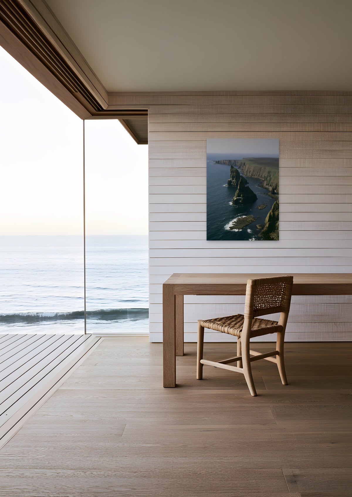 Ocean, unframed art print shown in malibu-study