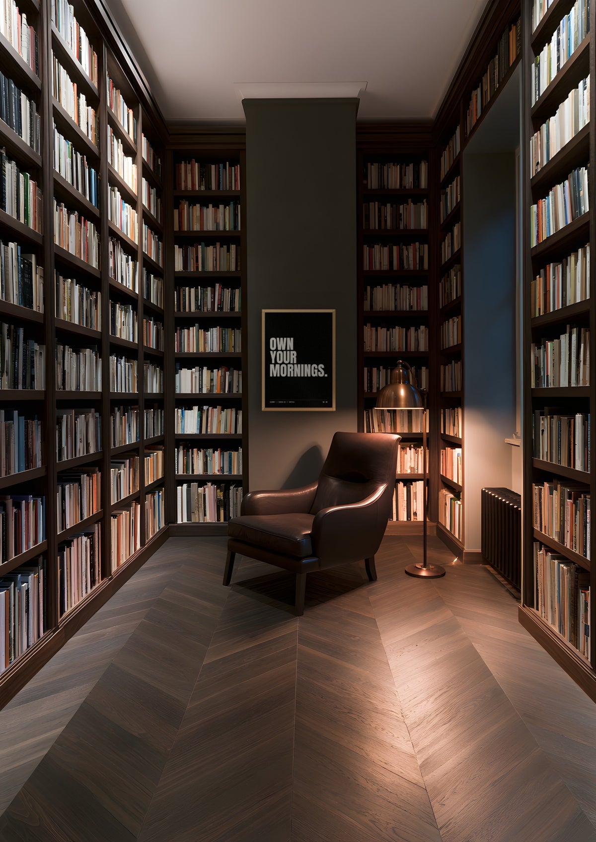 Own Your Mornings in a natural wood frame, shown in a private library at dusk