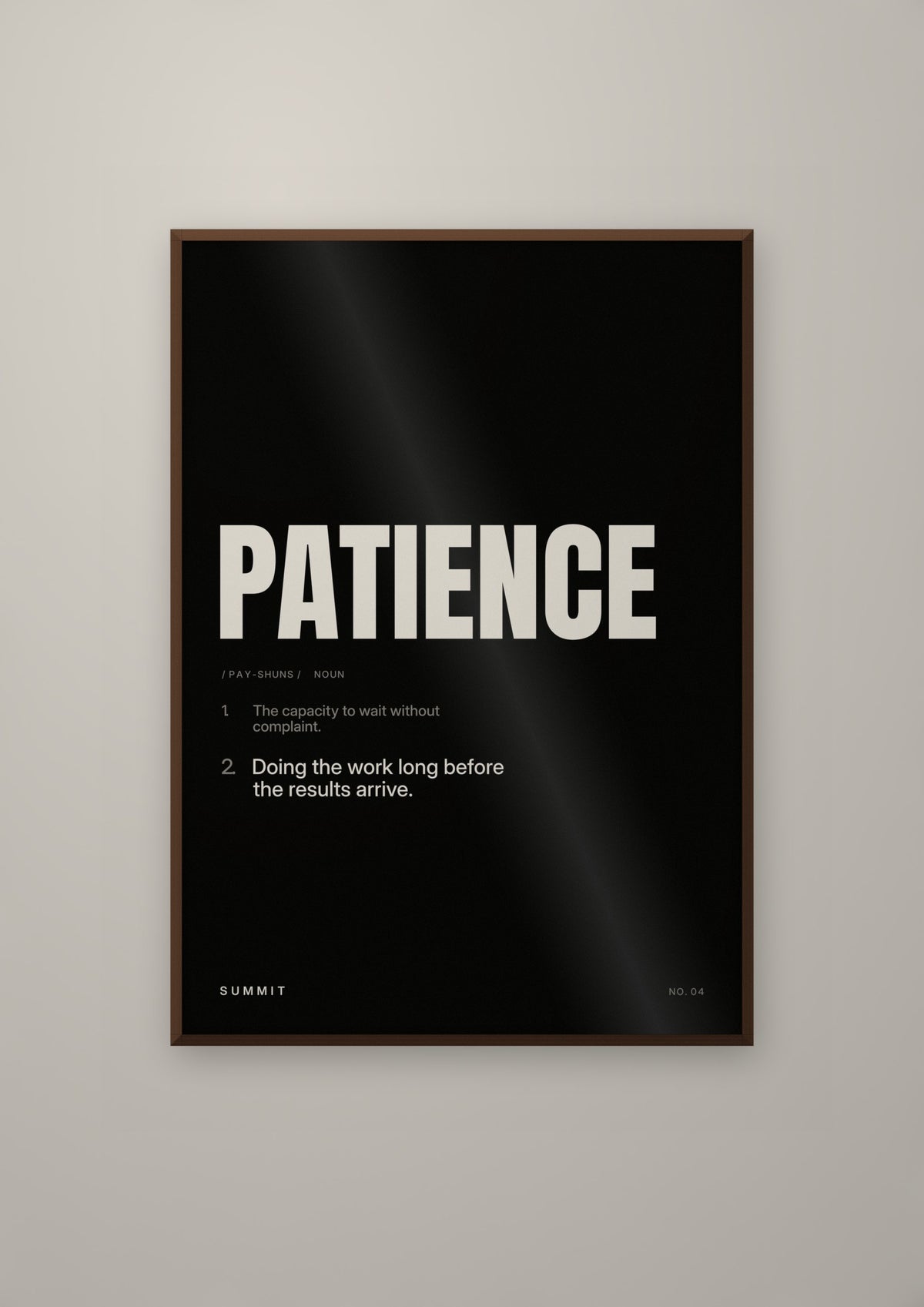 Patience, Defined (Black) in a dark wood frame