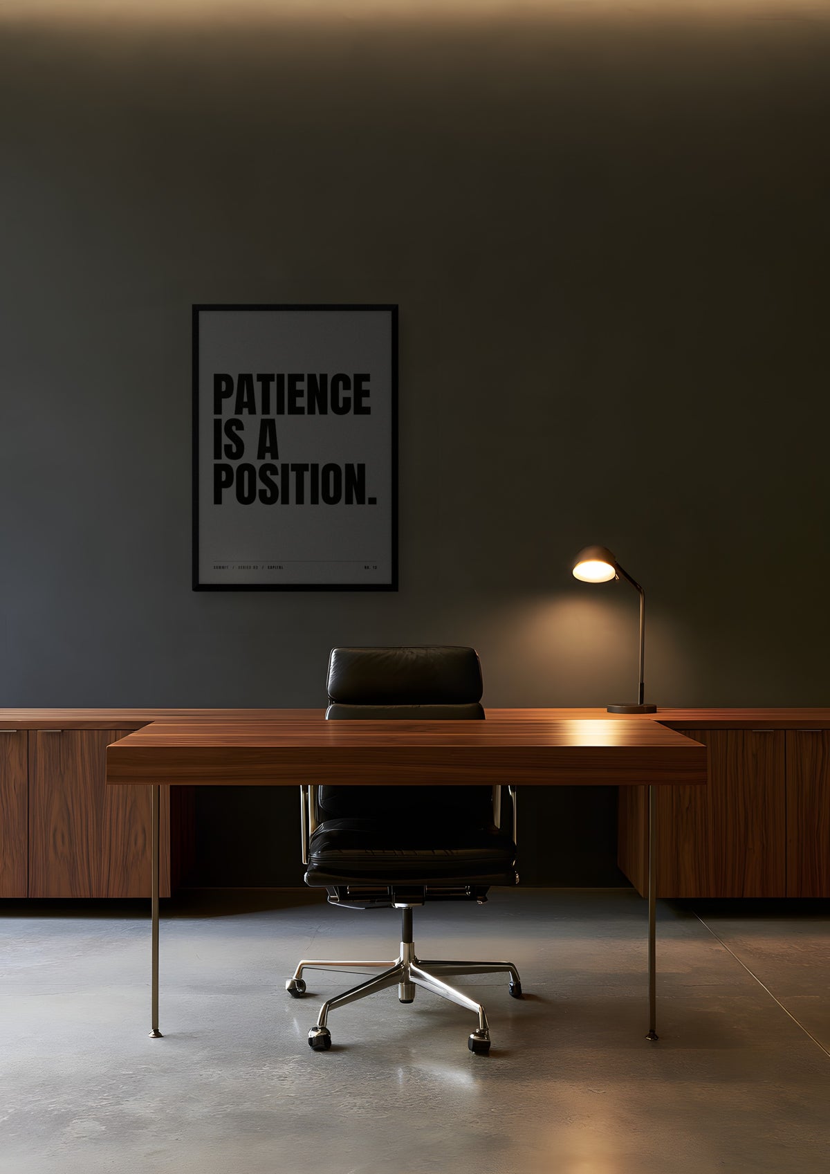 Patience Is a Position in a black frame, shown in night-office-ii