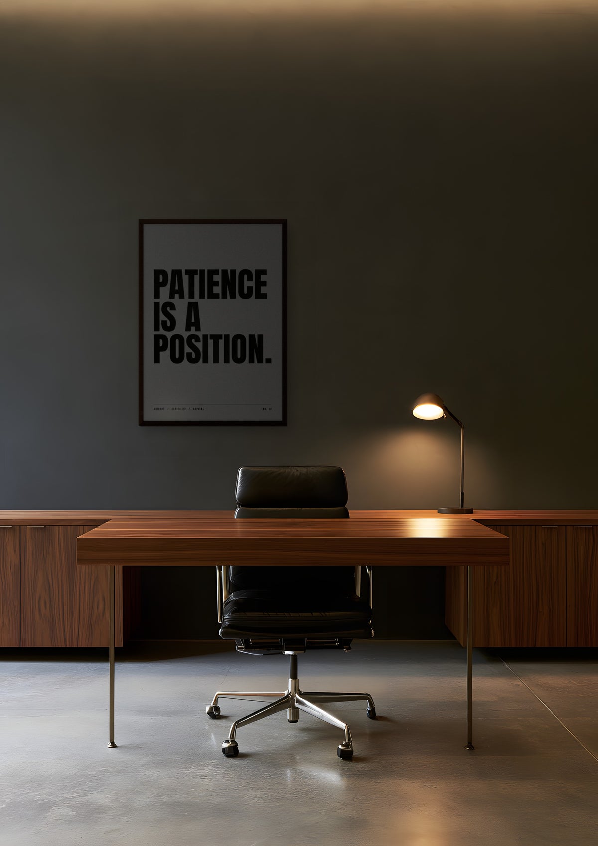Patience Is a Position in a dark wood frame, shown in night-office-ii