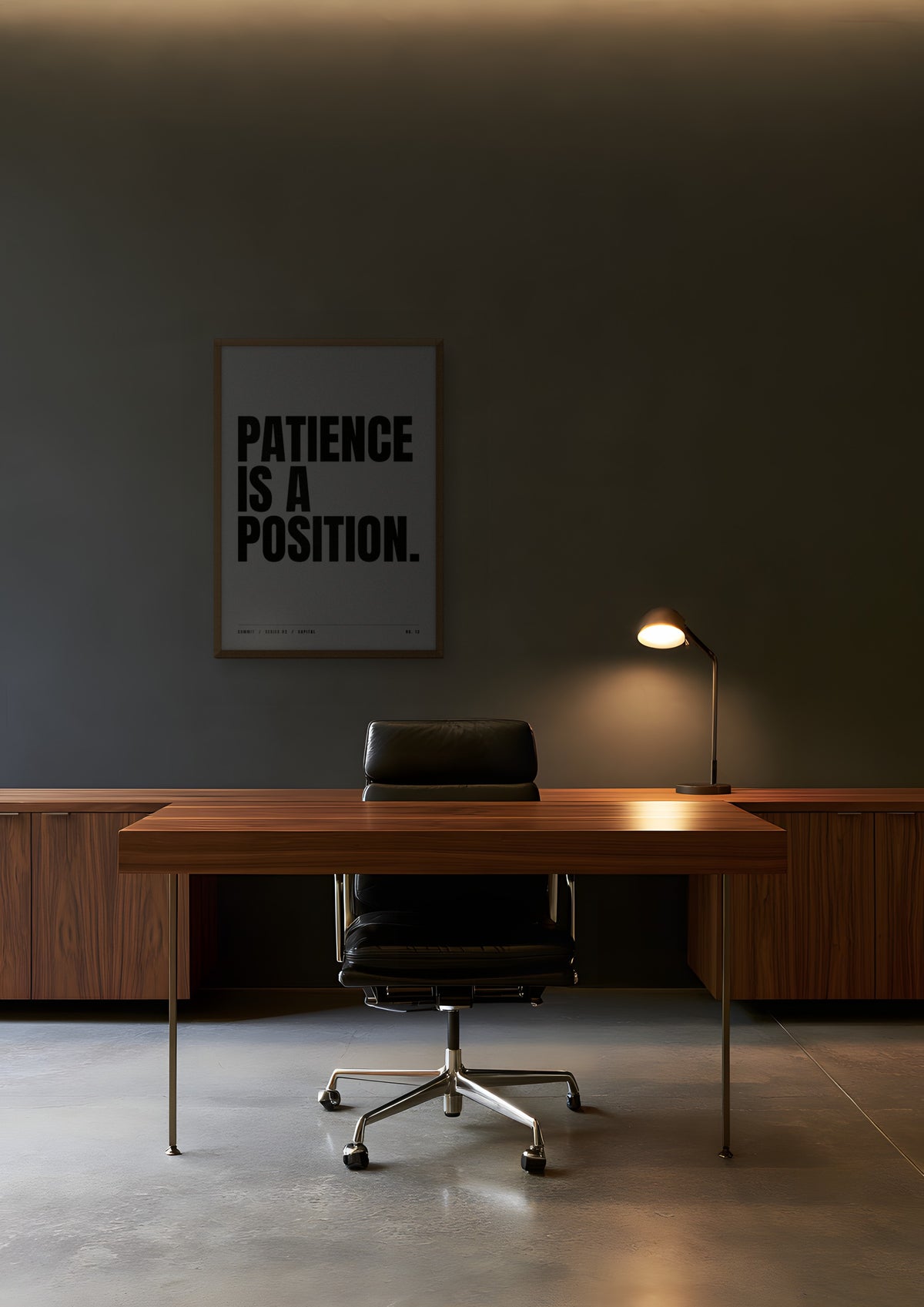Patience Is a Position in a natural wood frame, shown in night-office-ii