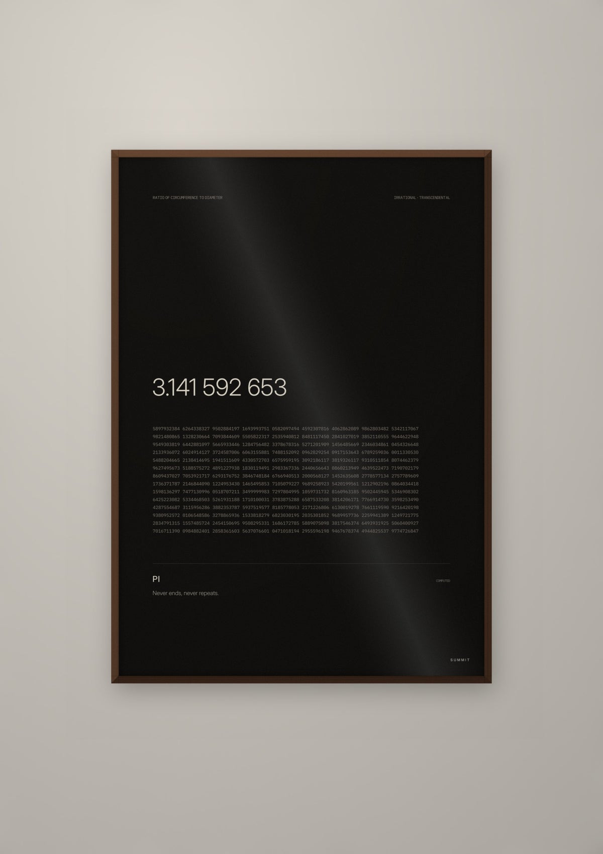 Pi in a dark wood frame