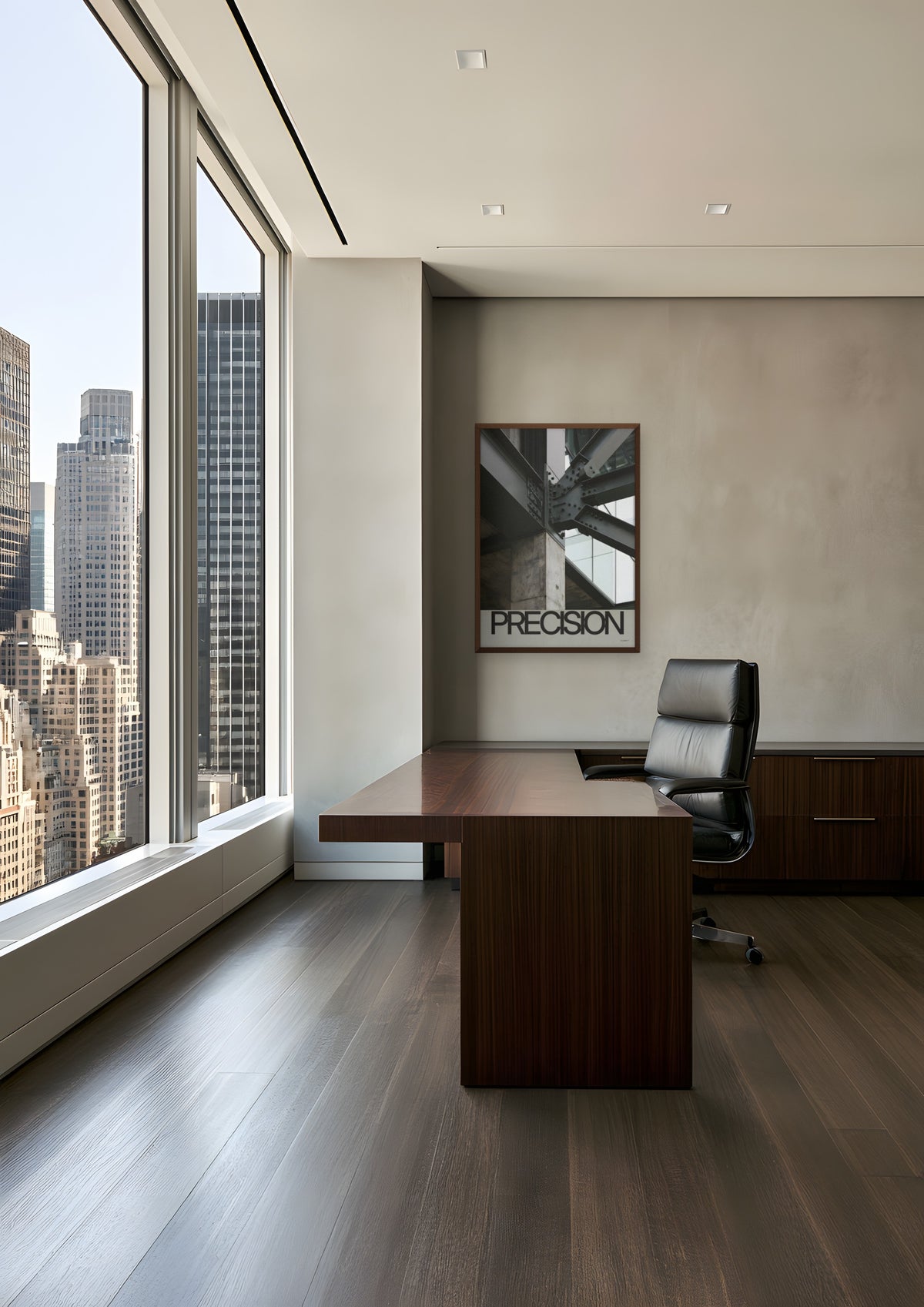 Precision in a dark wood frame, shown in midtown-ceo-office