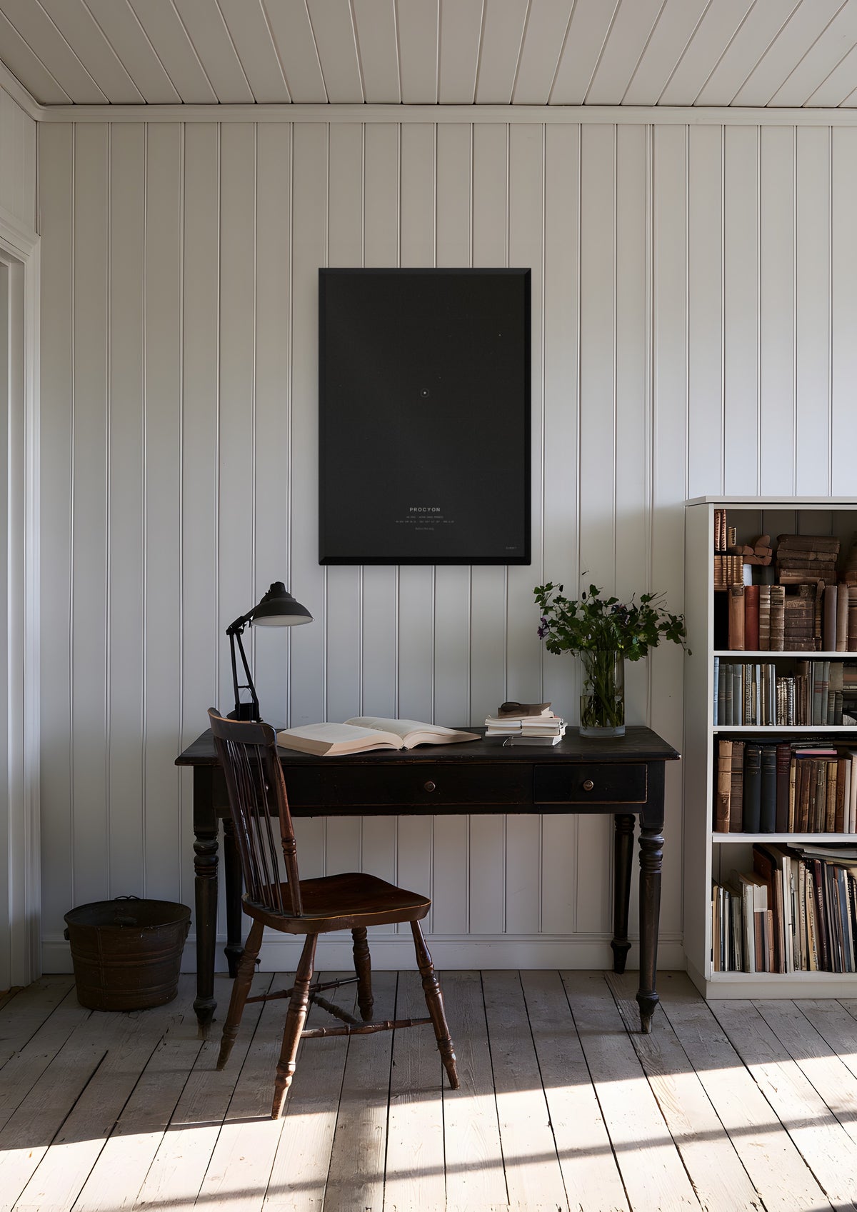 Procyon in a black frame, shown in maine-shingle-cottage-study