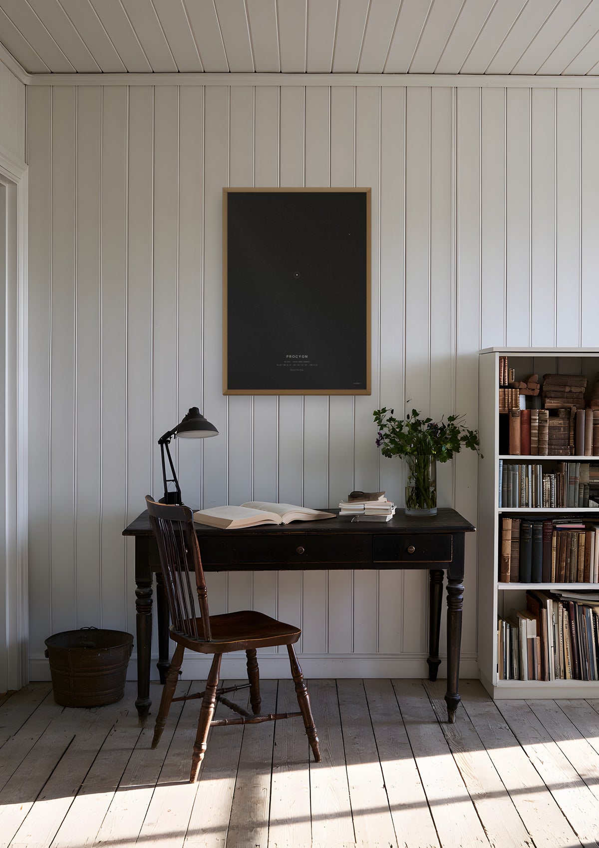 Procyon in a natural wood frame, shown in maine-shingle-cottage-study