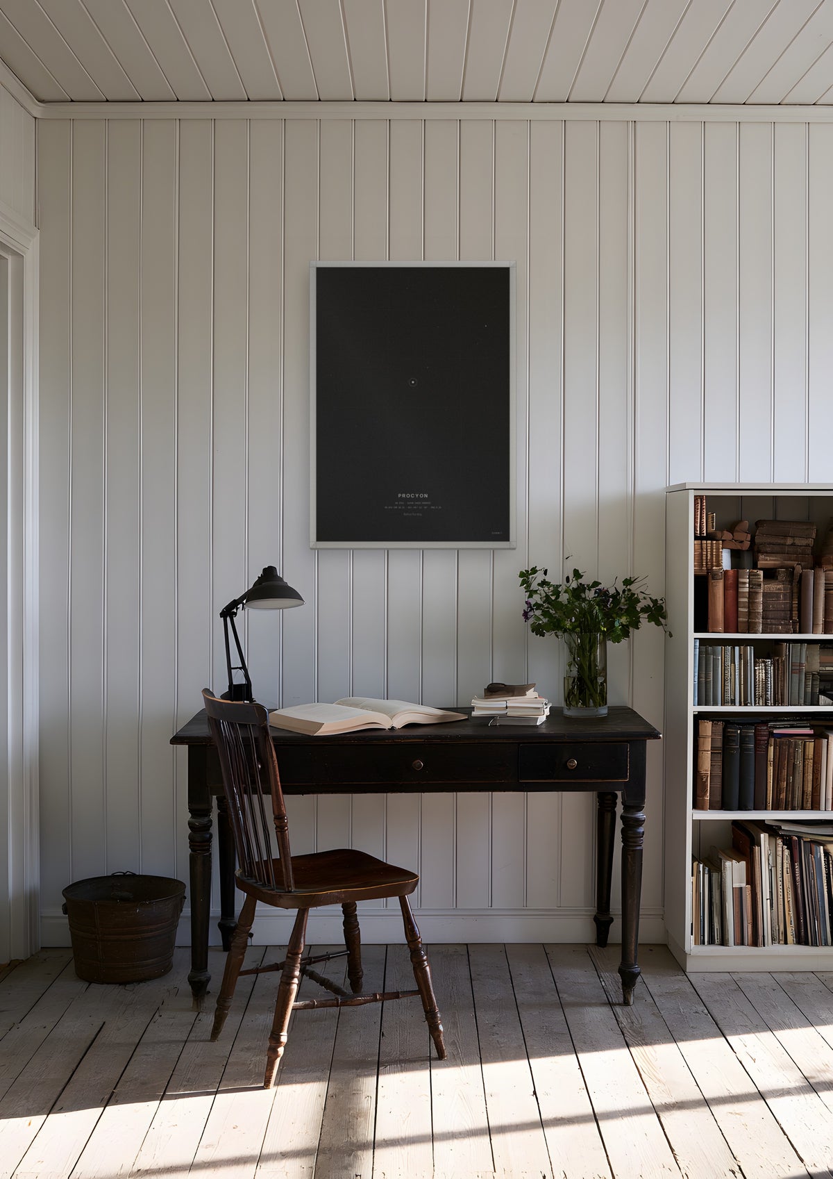 Procyon in a white frame, shown in maine-shingle-cottage-study