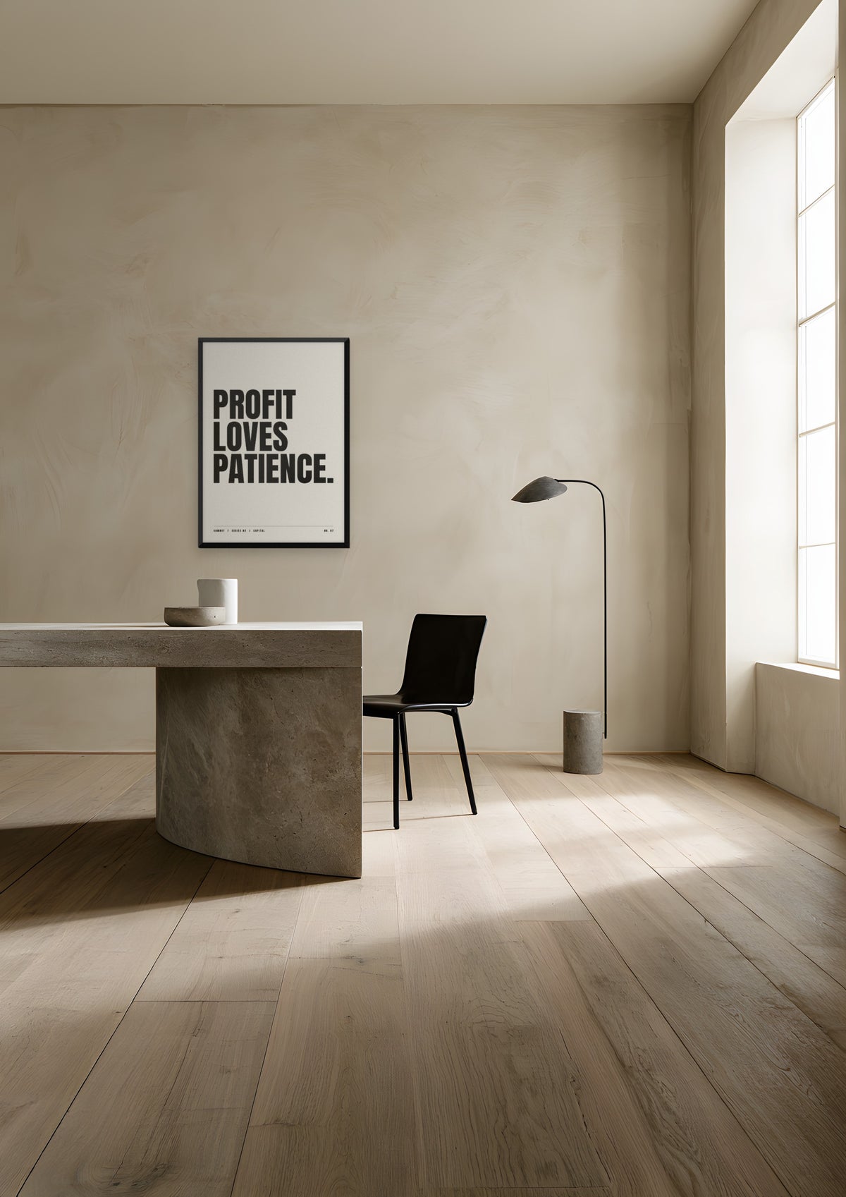 Profit Loves Patience in a black frame, shown in a minimalist plaster home office