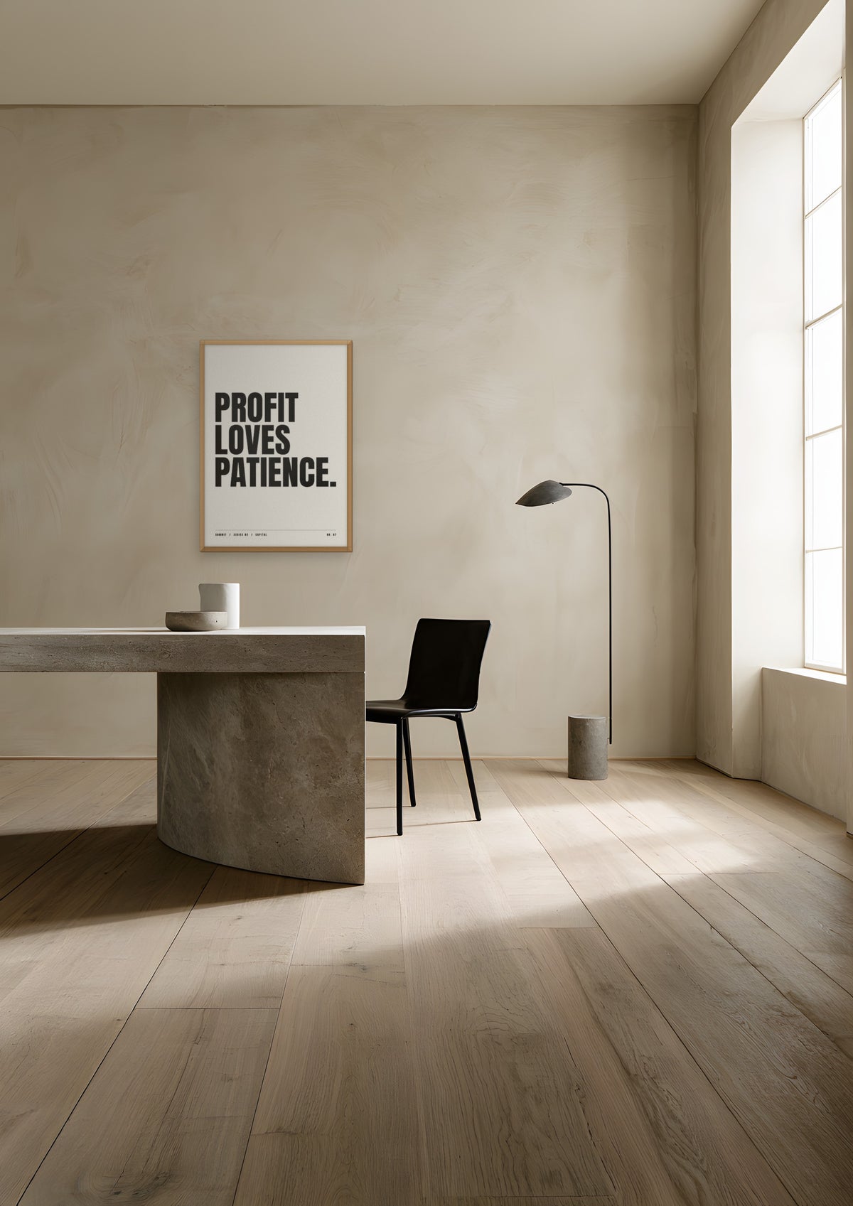 Profit Loves Patience in a natural wood frame, shown in a minimalist plaster home office