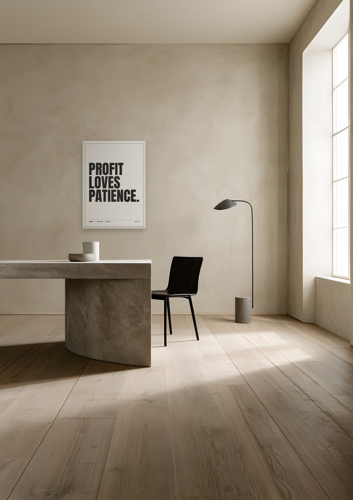 Profit Loves Patience in a white frame, shown in a minimalist plaster home office