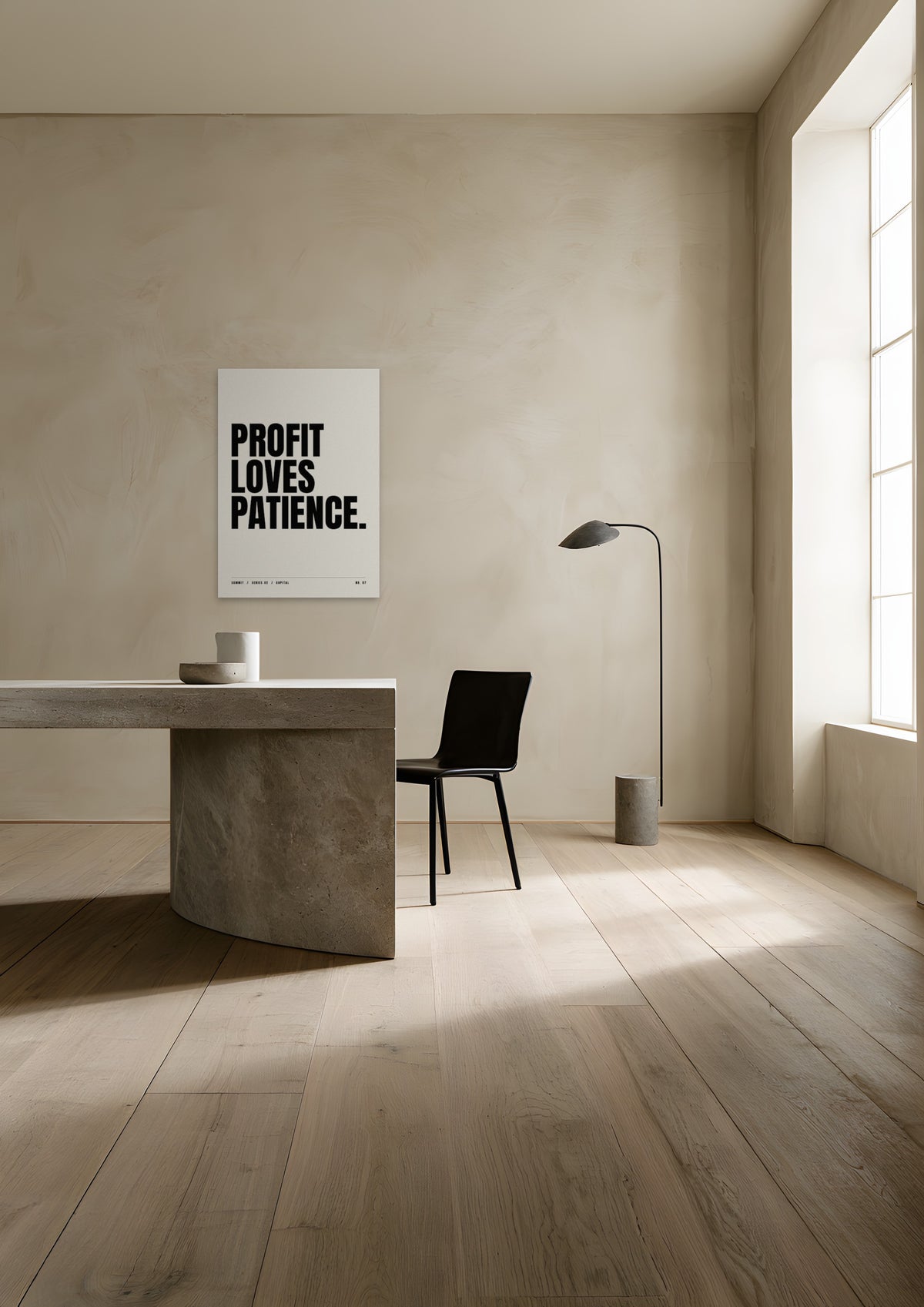 Profit Loves Patience, unframed art print shown in a minimalist plaster home office