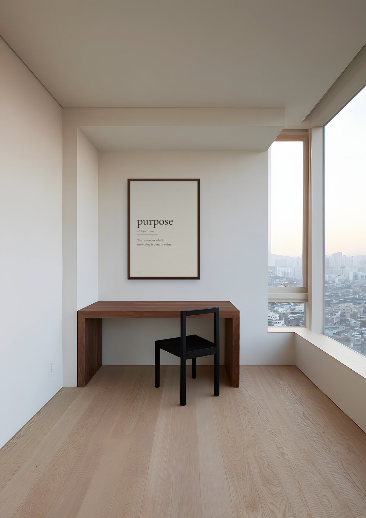 Purpose in a dark wood frame, shown in seoul-apartment-study