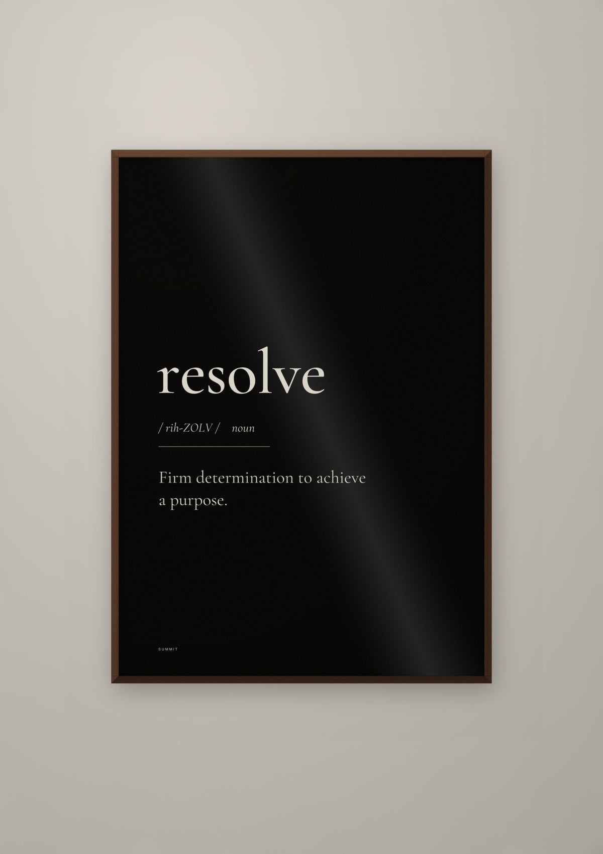 Resolve (Black) in a dark wood frame