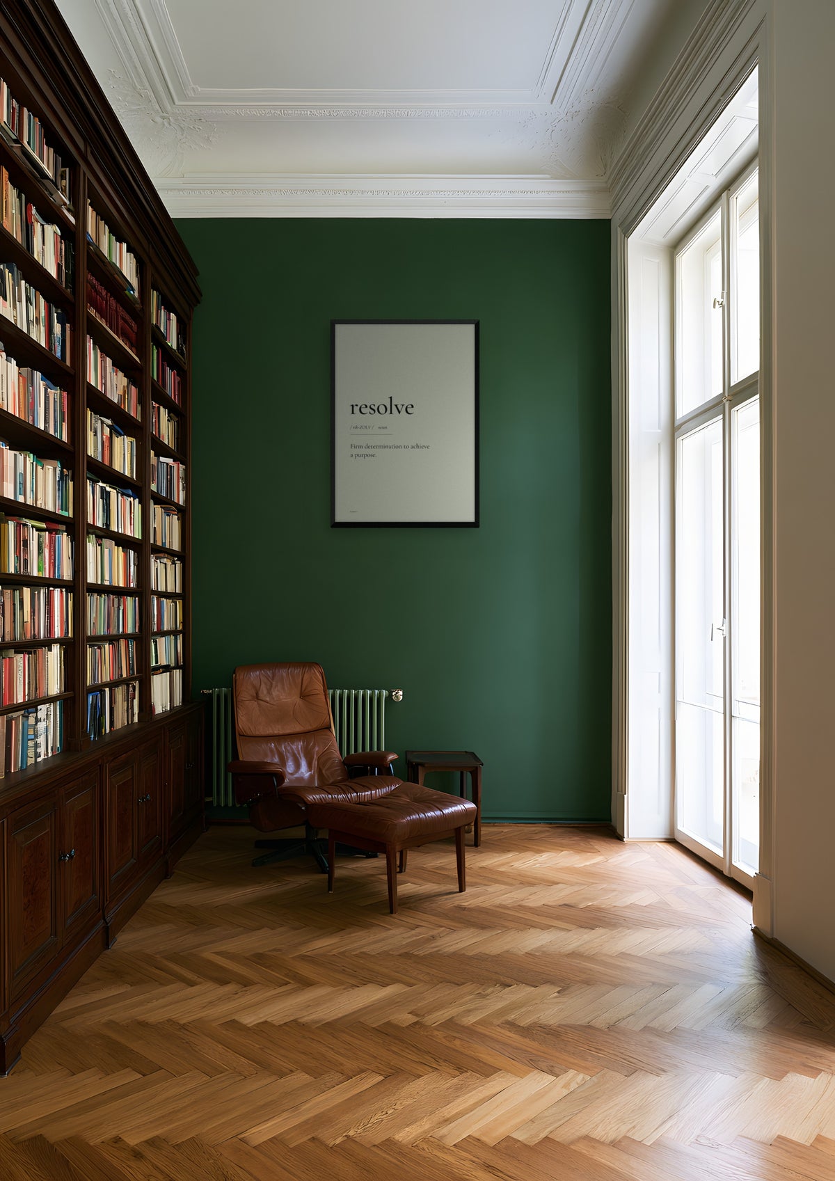 Resolve in a black frame, shown in vienna-apartment-library