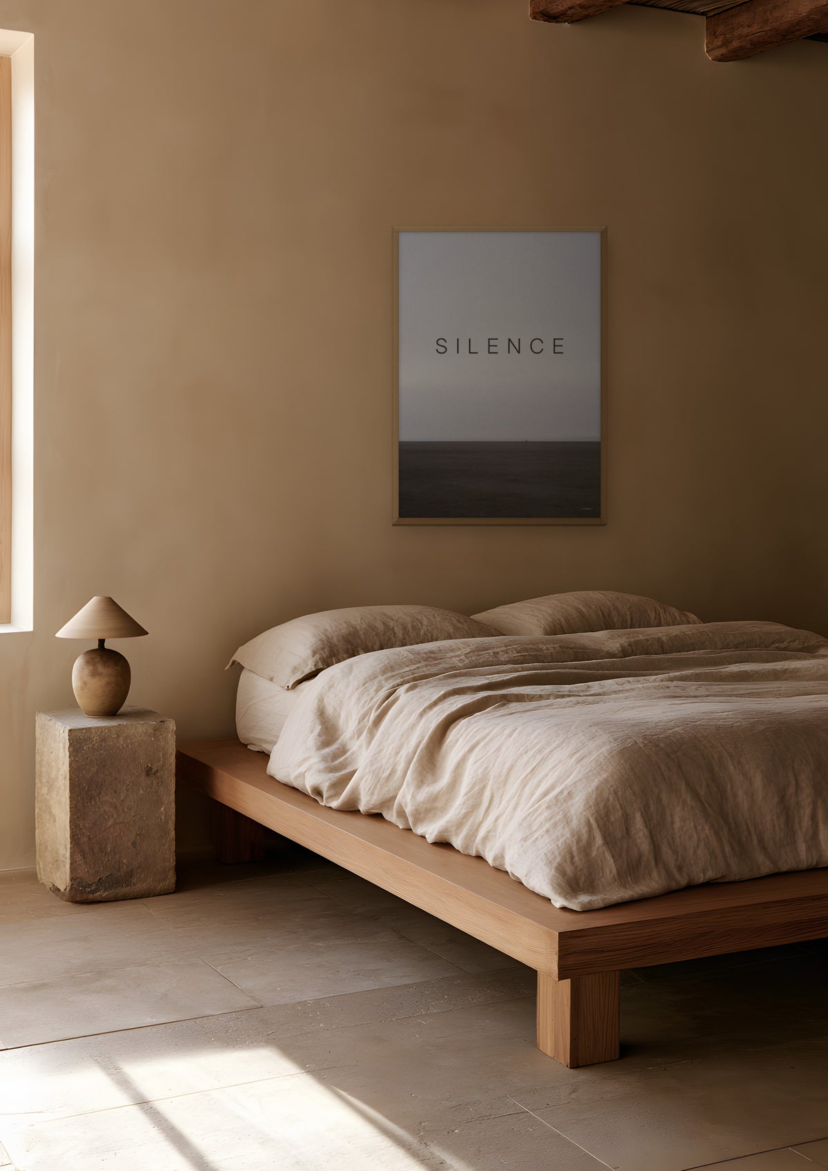 Silence in a natural wood frame, shown in limewash-bedroom