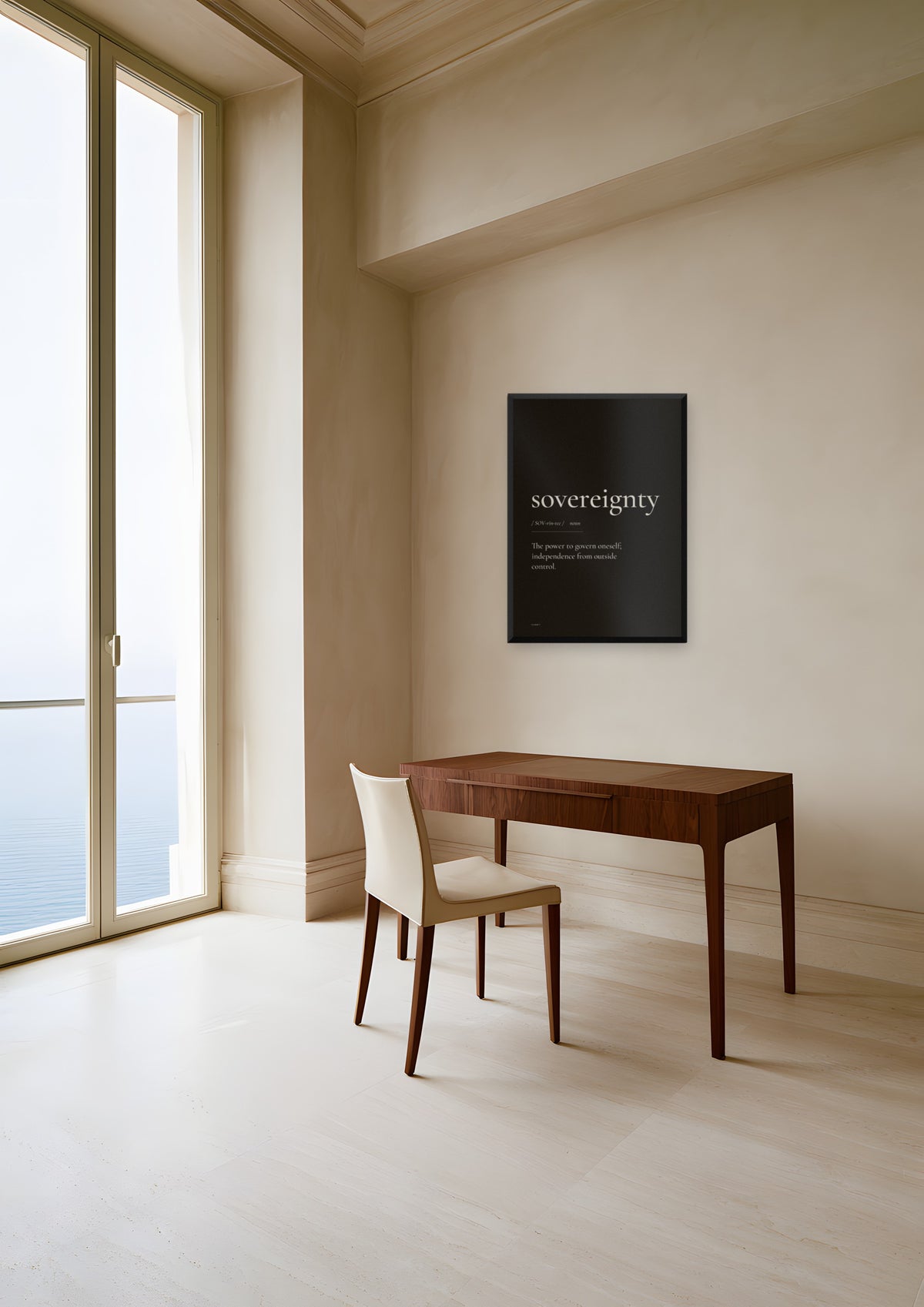 Sovereignty (Black) in a black frame, shown in monaco-apartment-study