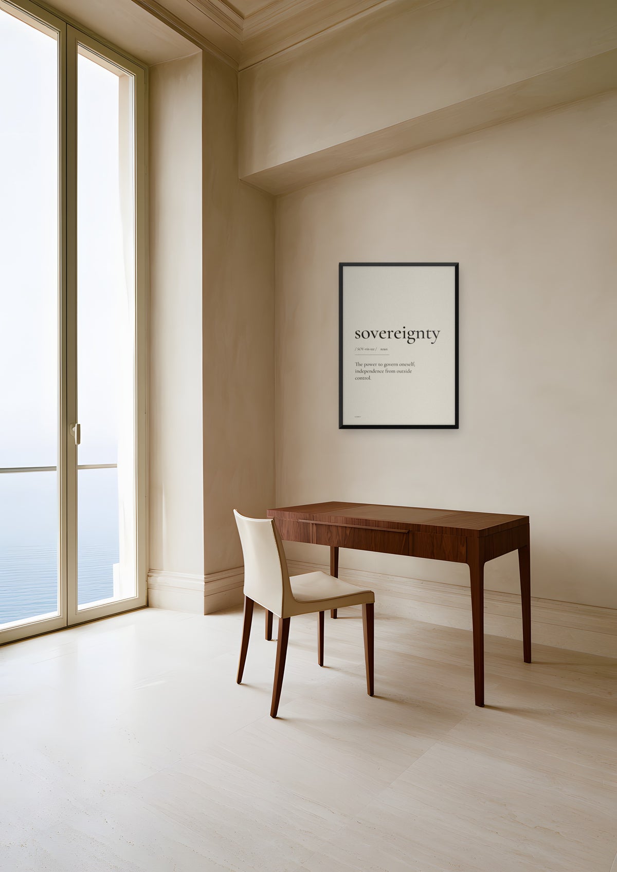 Sovereignty in a black frame, shown in monaco-apartment-study