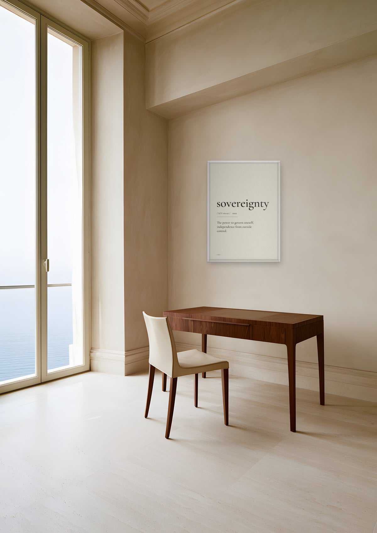 Sovereignty in a white frame, shown in monaco-apartment-study