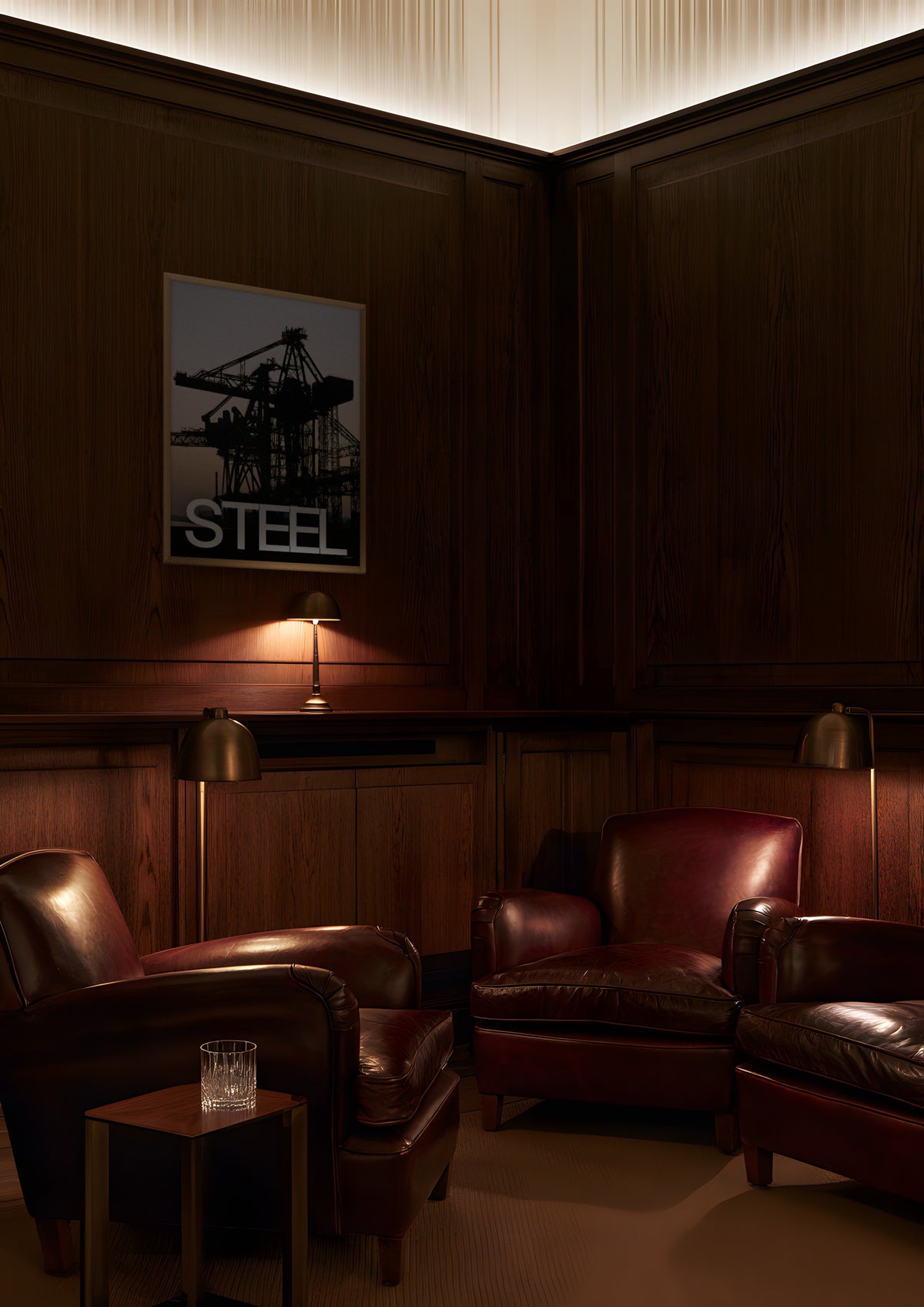 Steel in a natural wood frame, shown in cigar-lounge