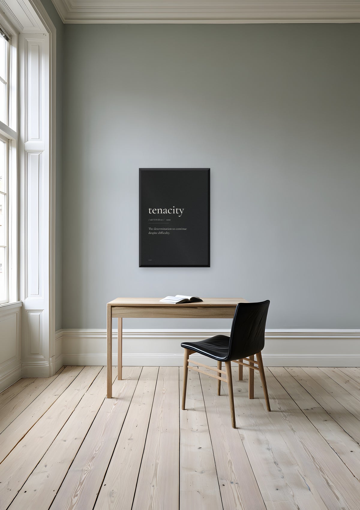 Tenacity (Black) in a black frame, shown in stockholm-apartment-study