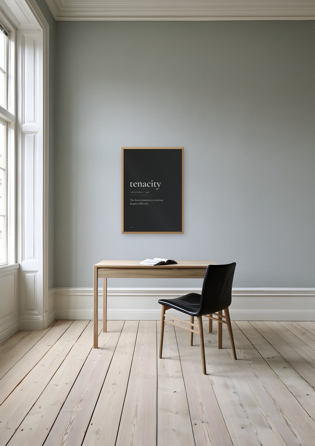 Tenacity (Black) in a natural wood frame, shown in stockholm-apartment-study