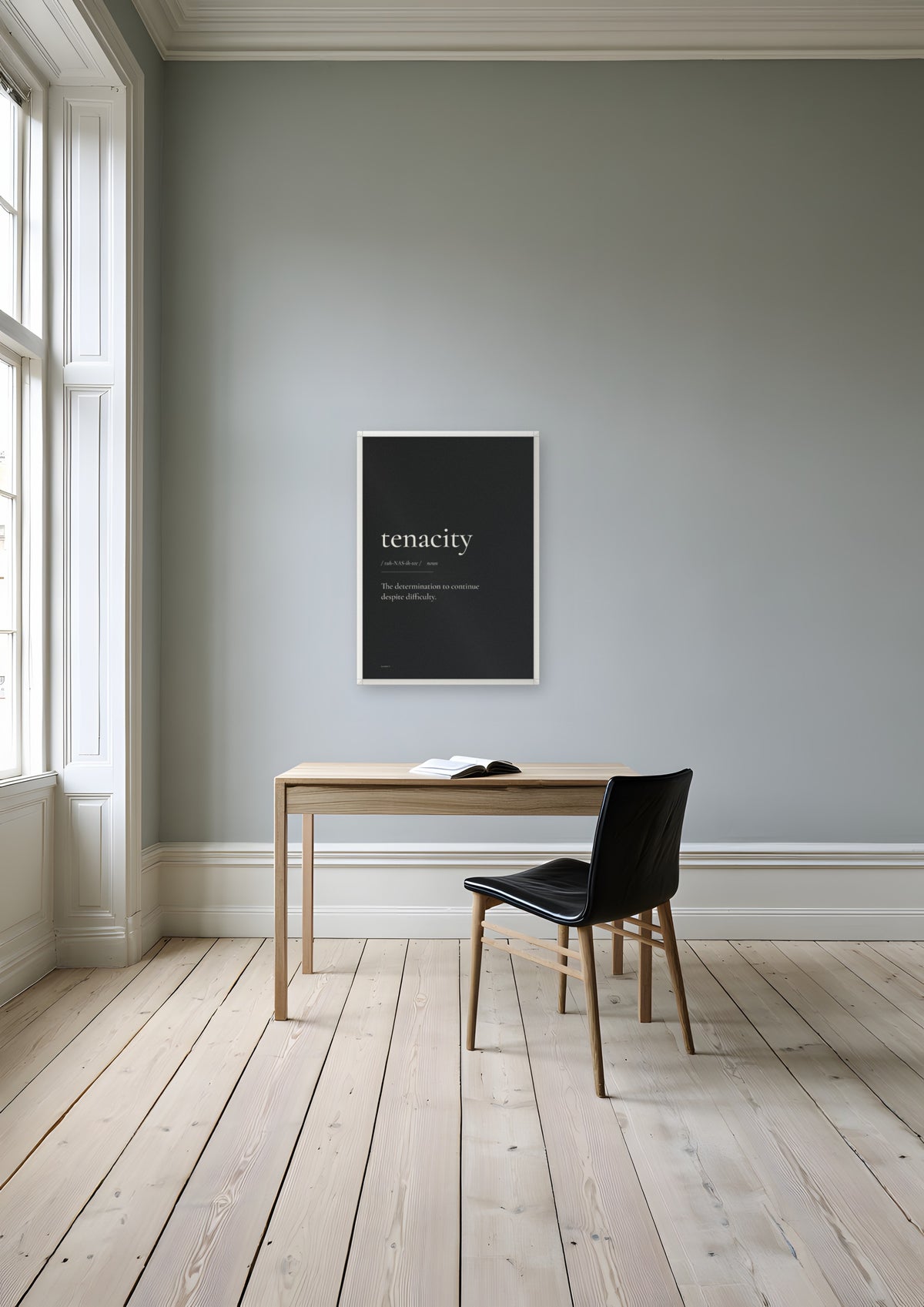 Tenacity (Black) in a white frame, shown in stockholm-apartment-study