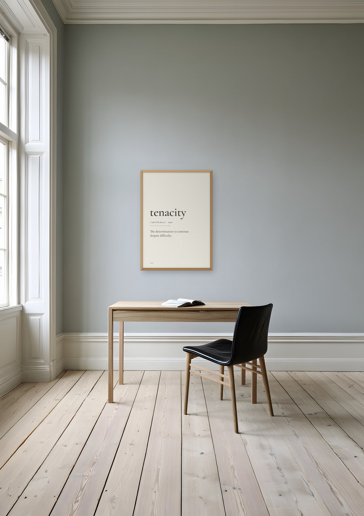 Tenacity in a natural wood frame, shown in stockholm-apartment-study
