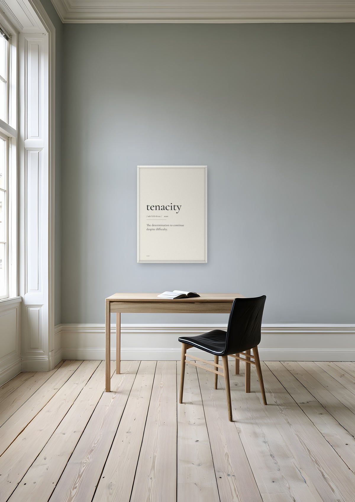 Tenacity in a white frame, shown in stockholm-apartment-study