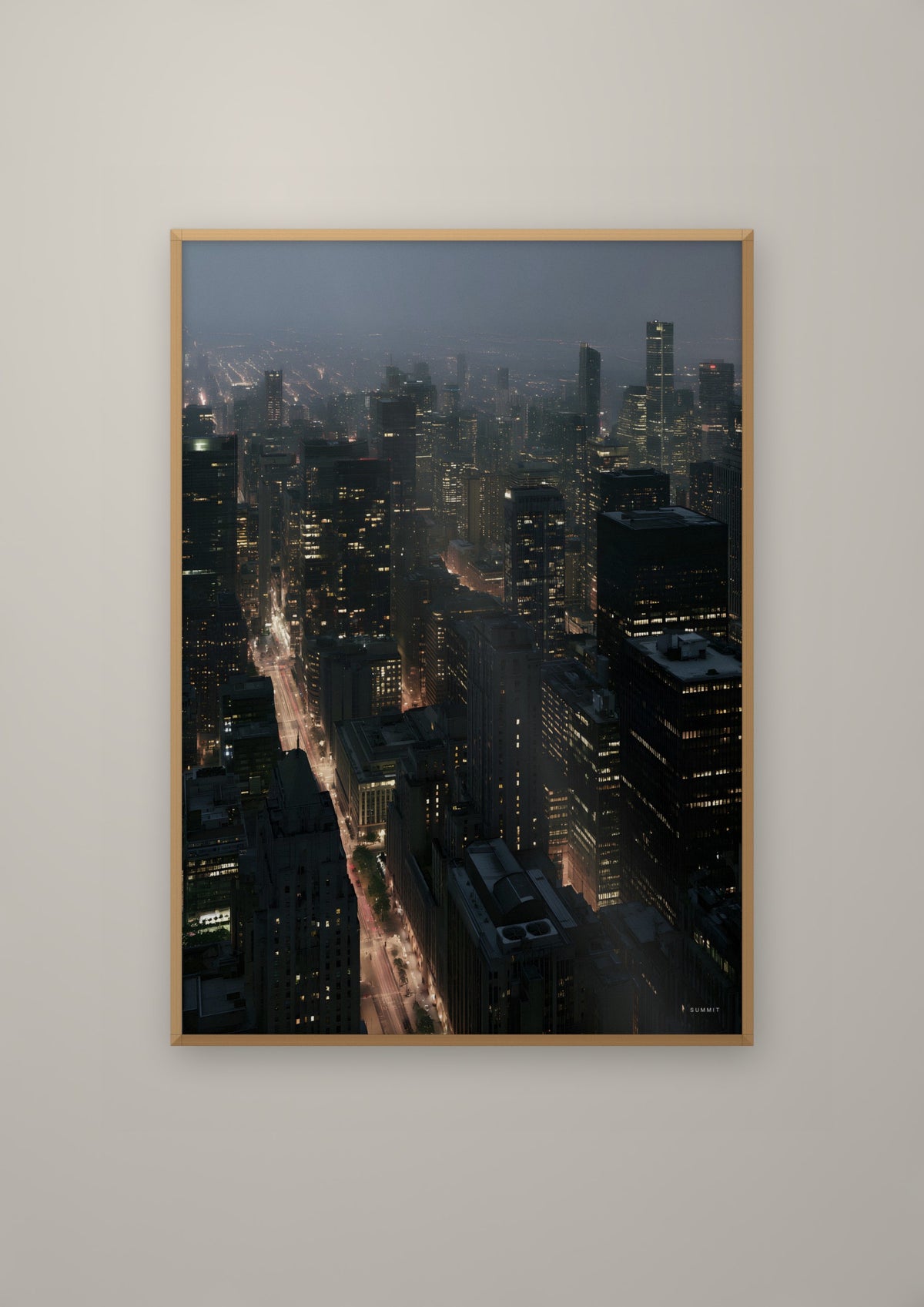 The City in a natural wood frame