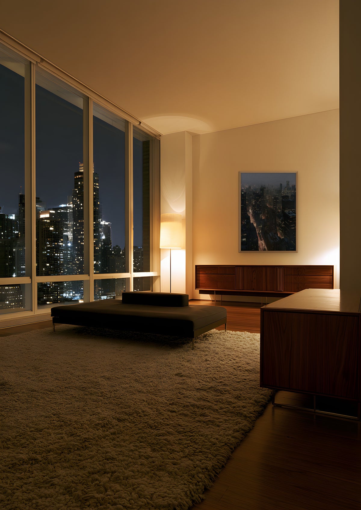The City in a natural wood frame, shown in manhattan-penthouse-night