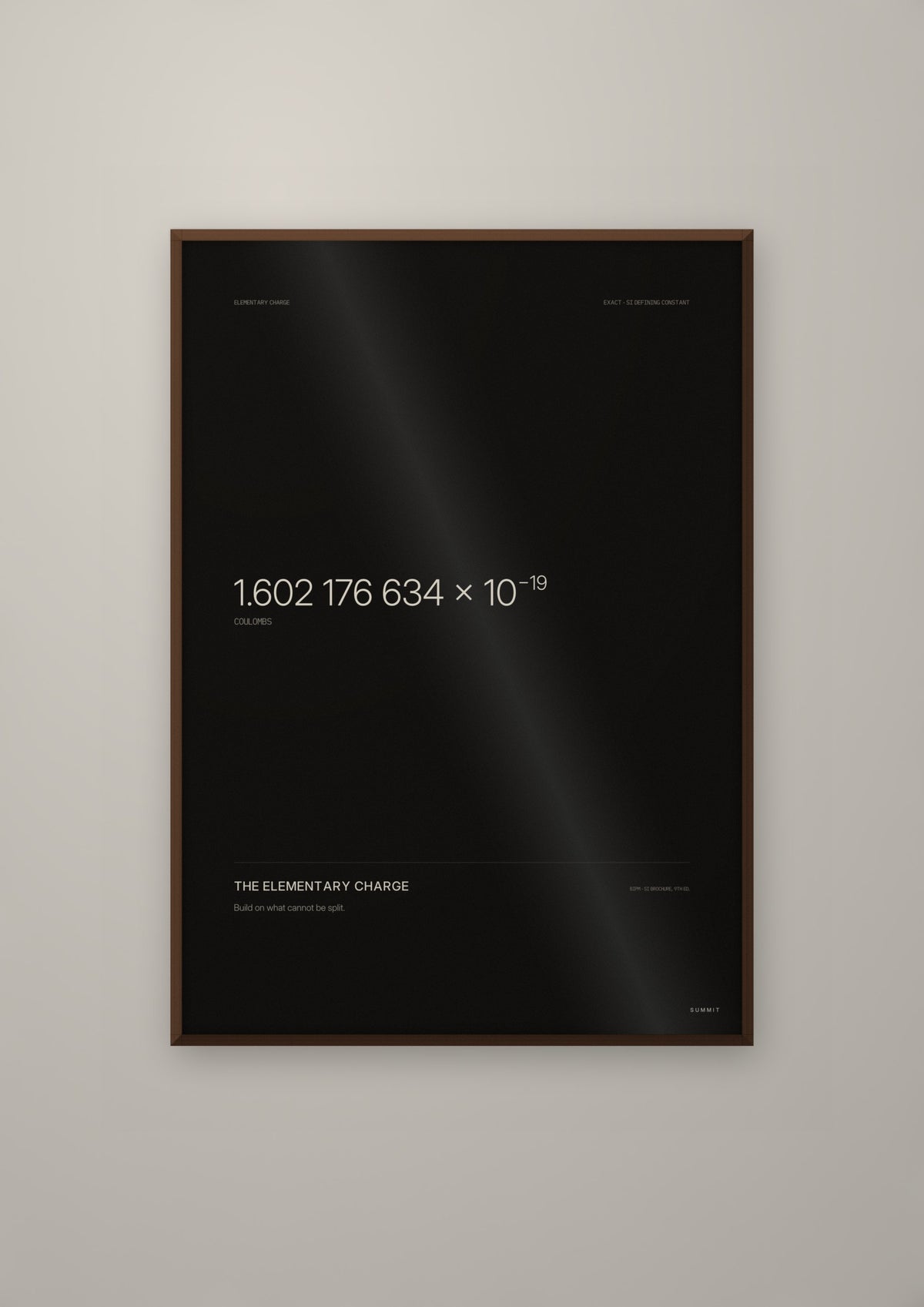 The Elementary Charge in a dark wood frame