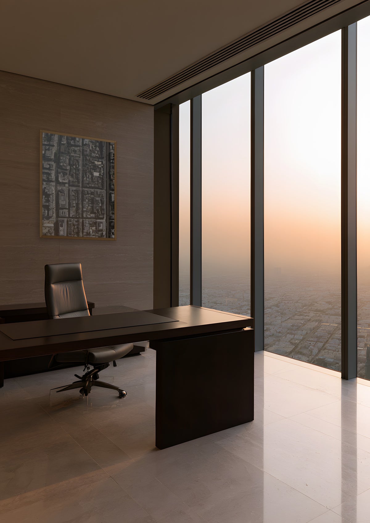 The Grid in a natural wood frame, shown in dubai-executive-office
