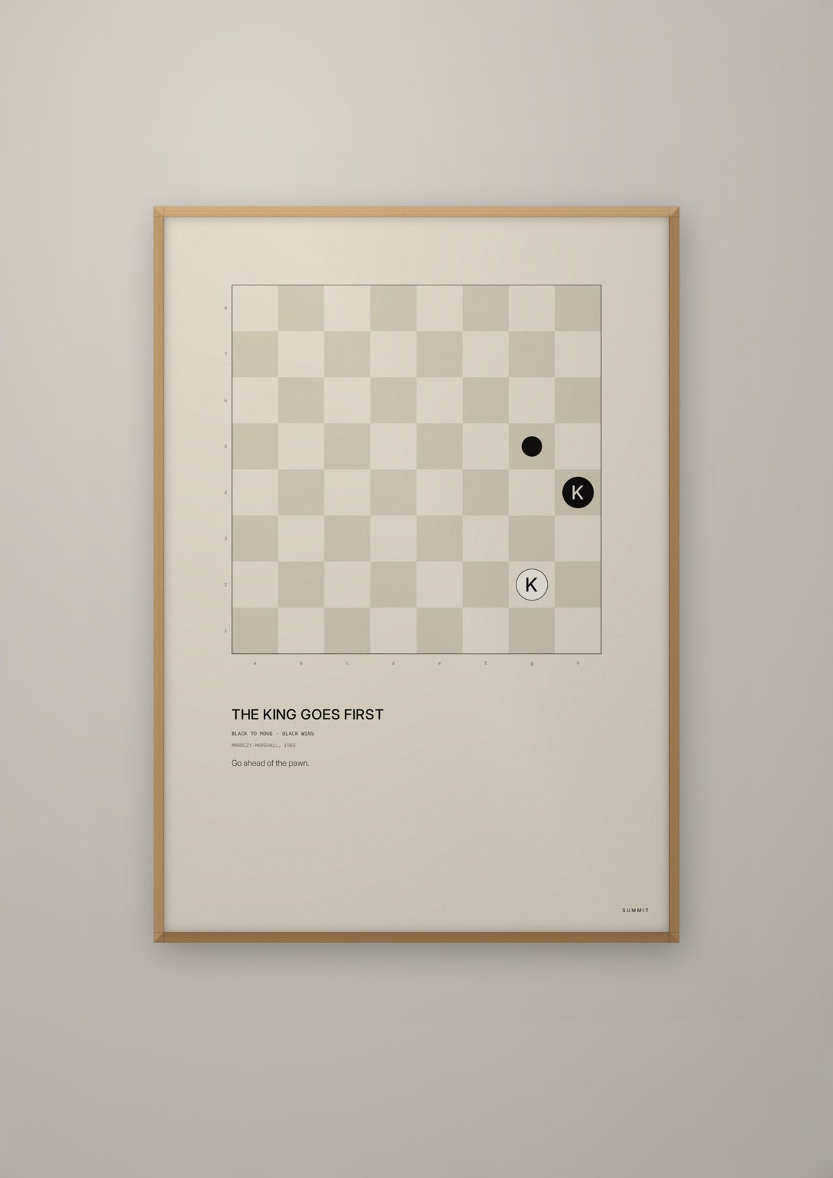 The King Goes First in a natural wood frame