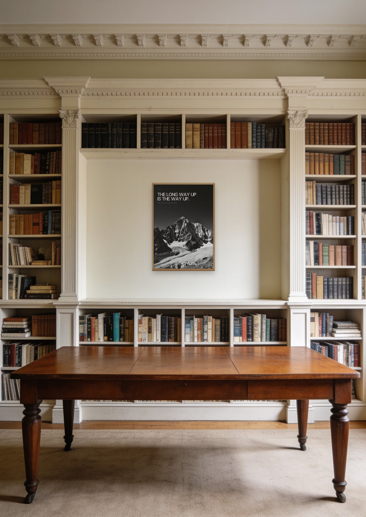 The Long Way Up in a natural wood frame, shown in a Back Bay private library
