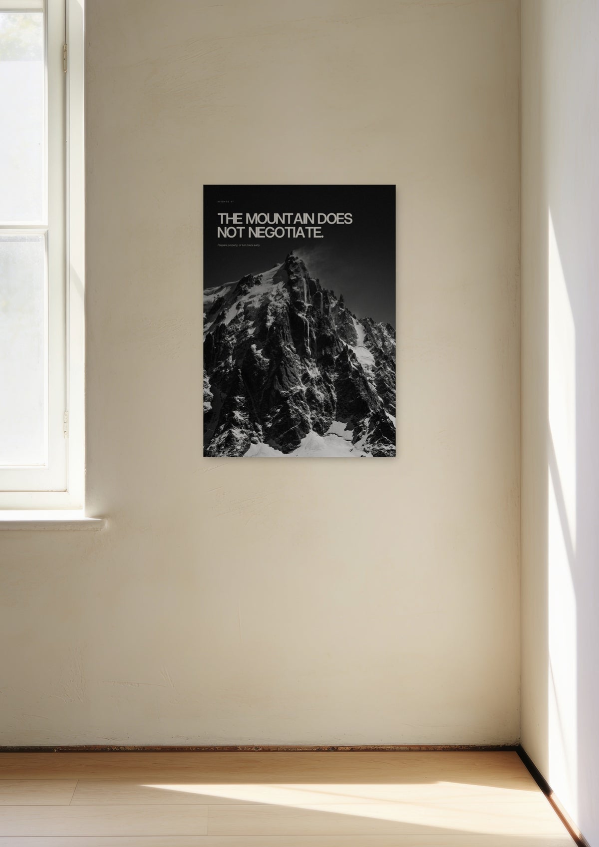 The Mountain Does Not Negotiate, unframed art print shown in studio